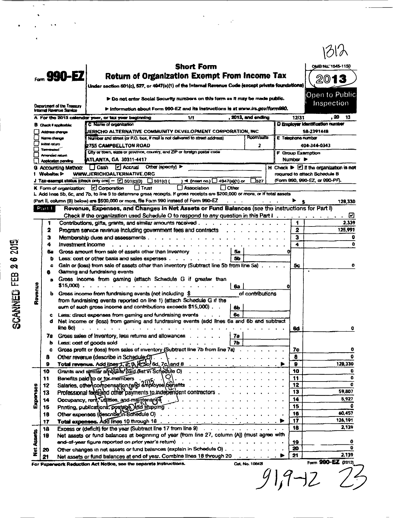 Image of first page of 2013 Form 990EZ for Jericho Alternative Community Development Corporation