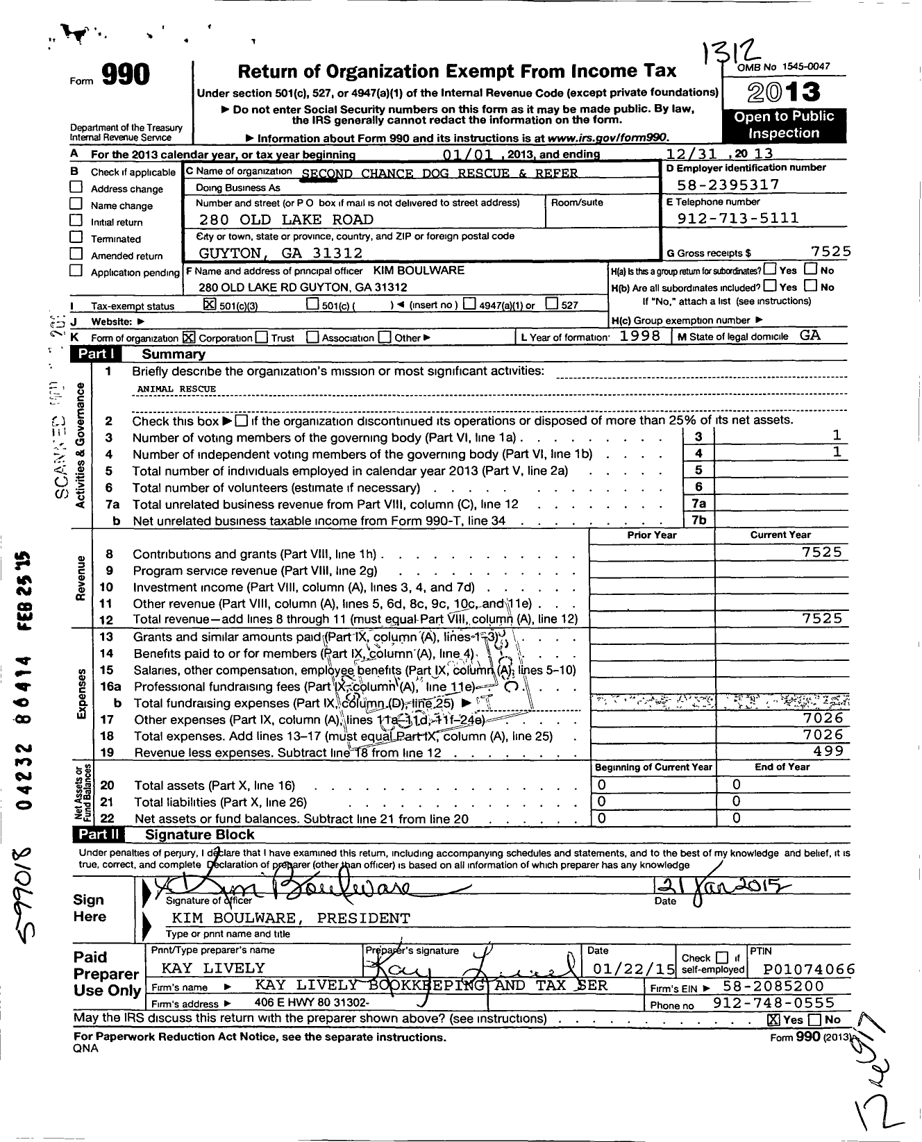 Image of first page of 2013 Form 990 for Second Chance Dog Rescue and Referral