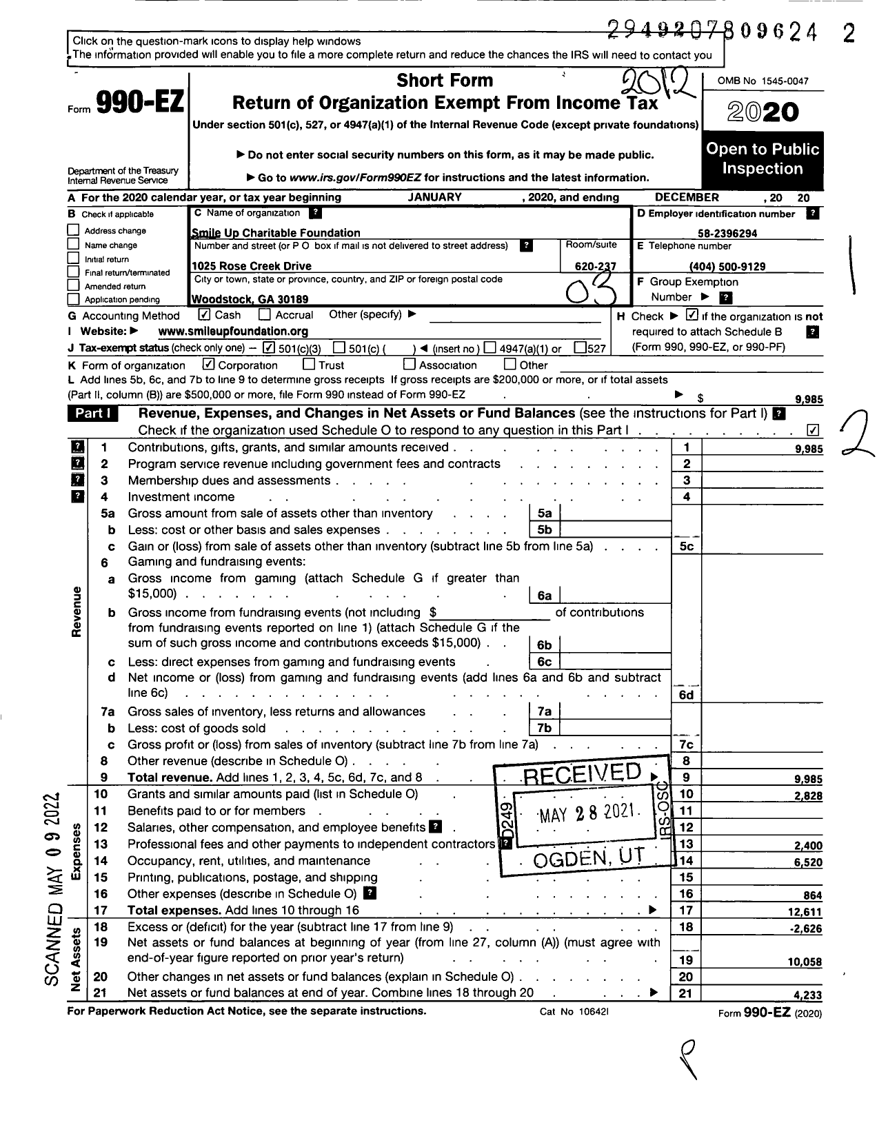 Image of first page of 2020 Form 990EZ for Smile Up Charitable Foundation