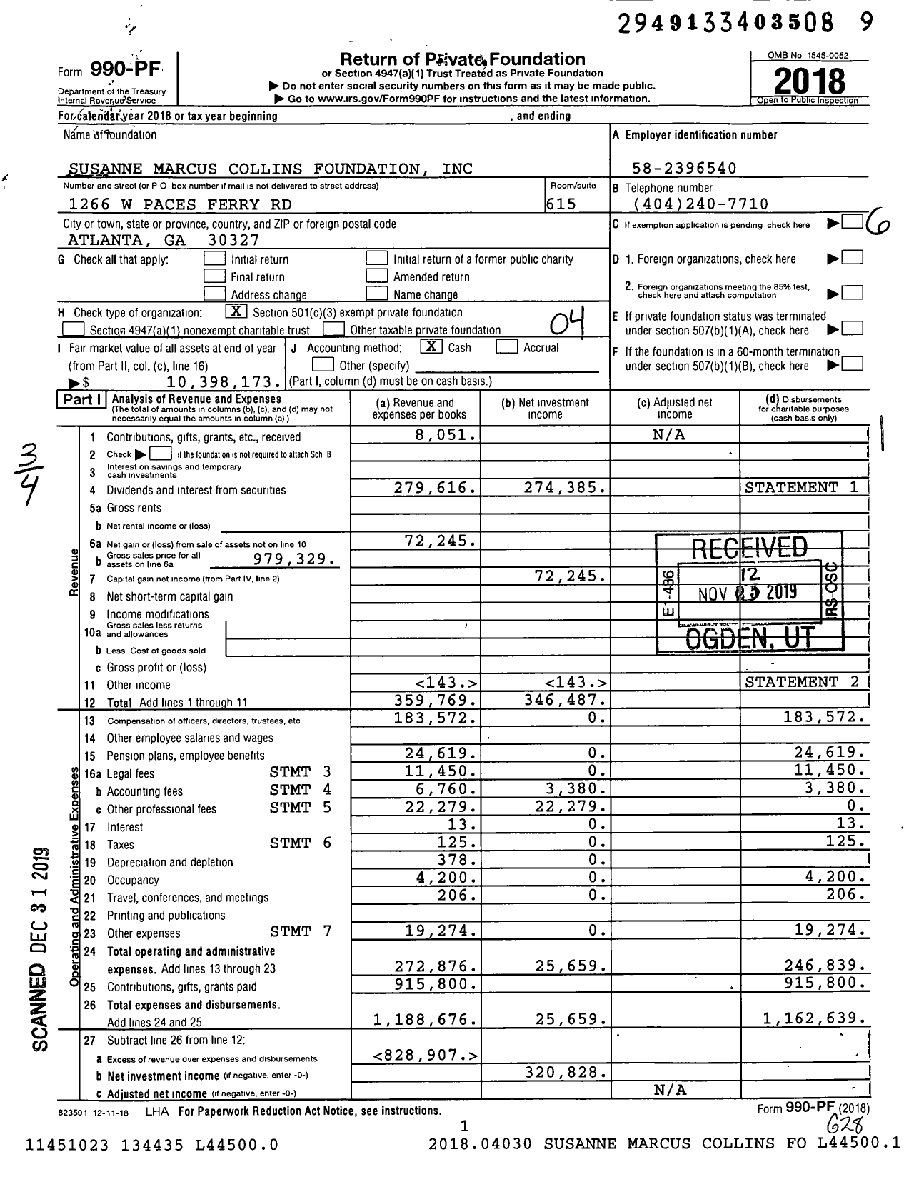 Image of first page of 2018 Form 990PF for Susanne Marcus Collins Foundation