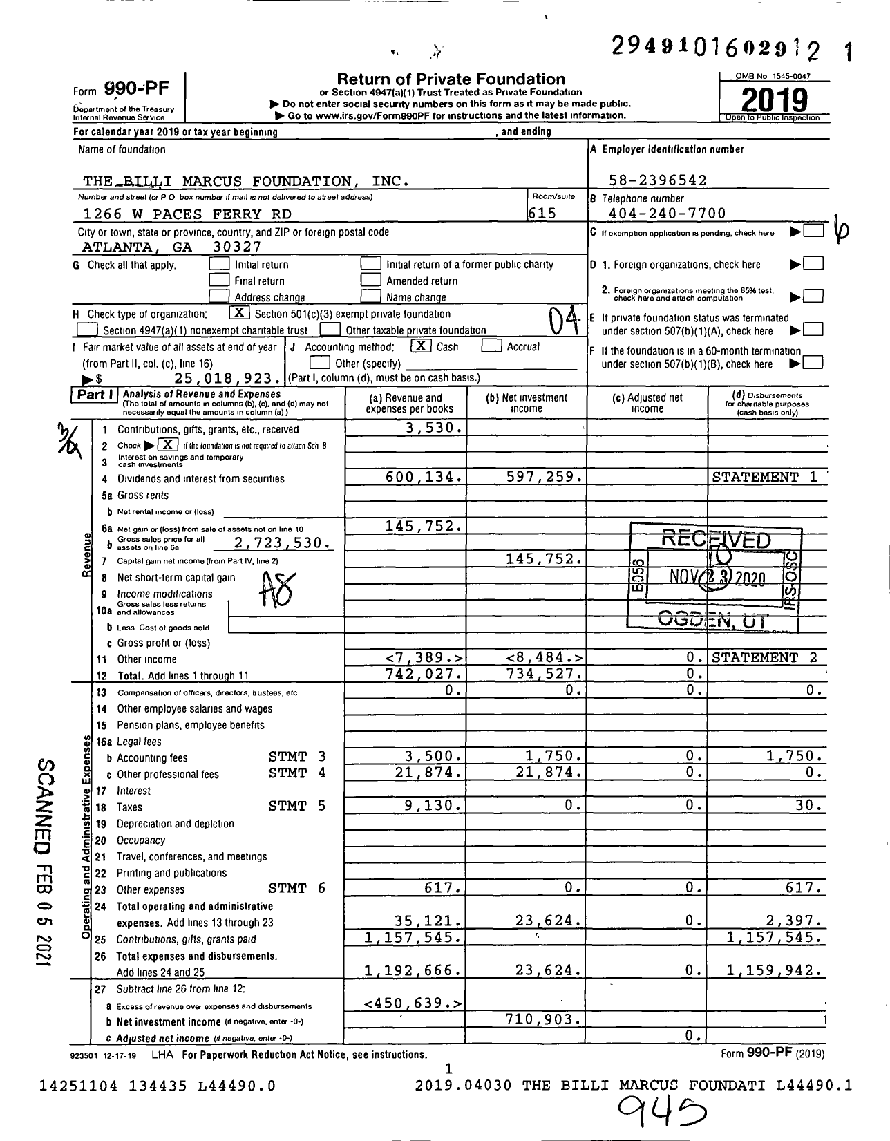 Image of first page of 2019 Form 990PF for The Billi Marcus Foundation