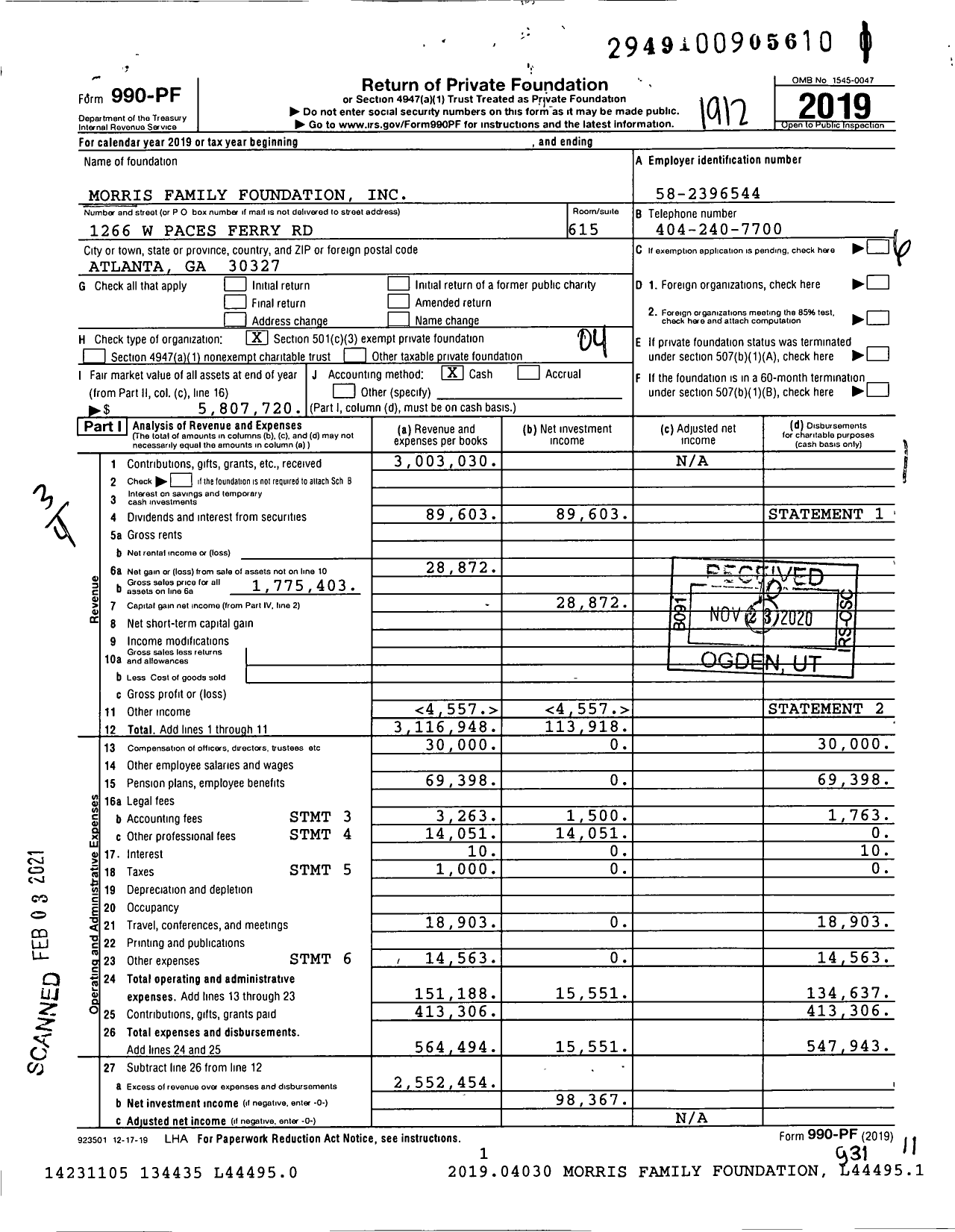 Image of first page of 2019 Form 990PF for Morris Family Foundation