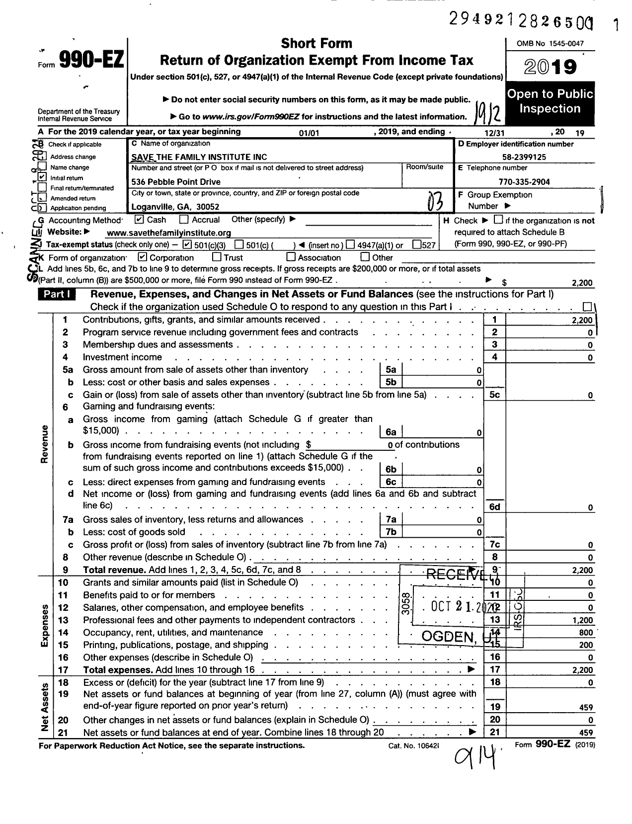 Image of first page of 2019 Form 990EZ for Save the Family Institute