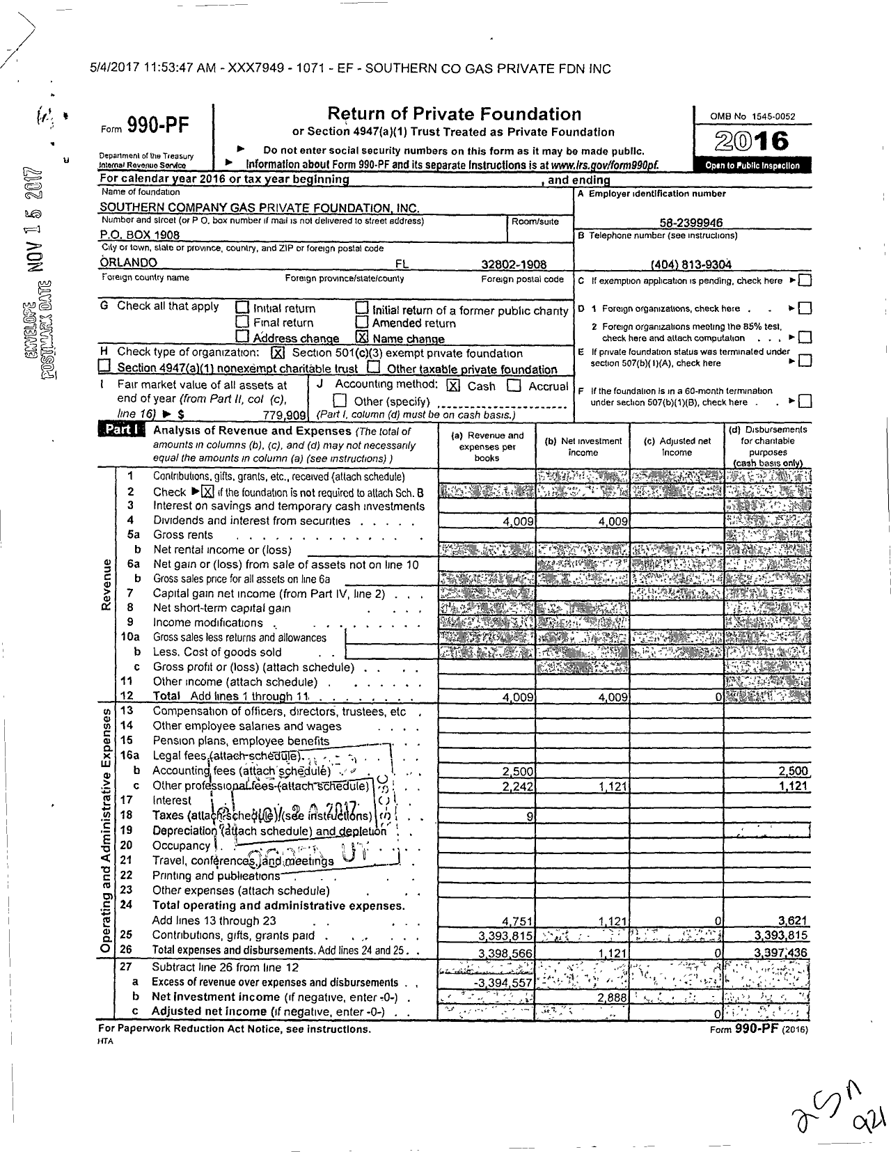 Image of first page of 2016 Form 990PF for Southern Company Gas Charitable Foundation