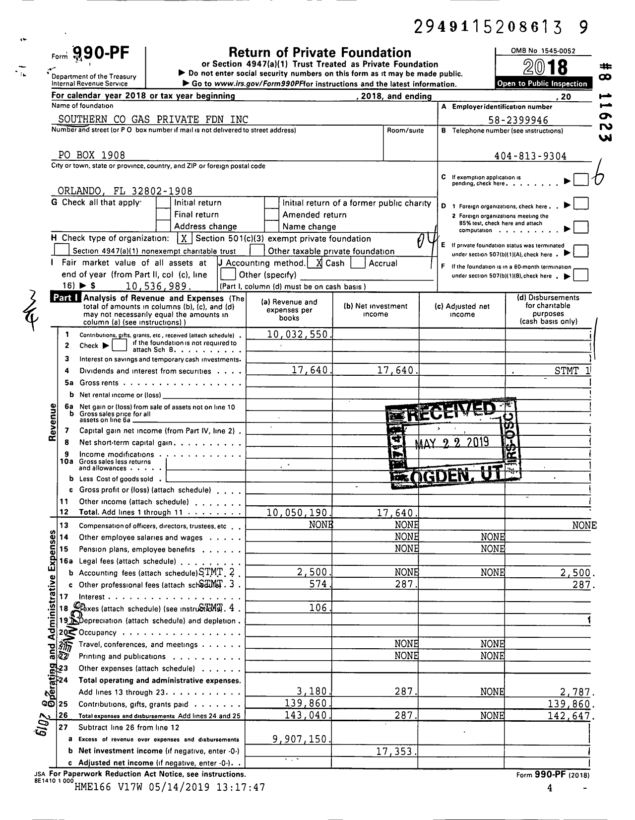 Image of first page of 2018 Form 990PF for Southern Company Gas Charitable Foundation