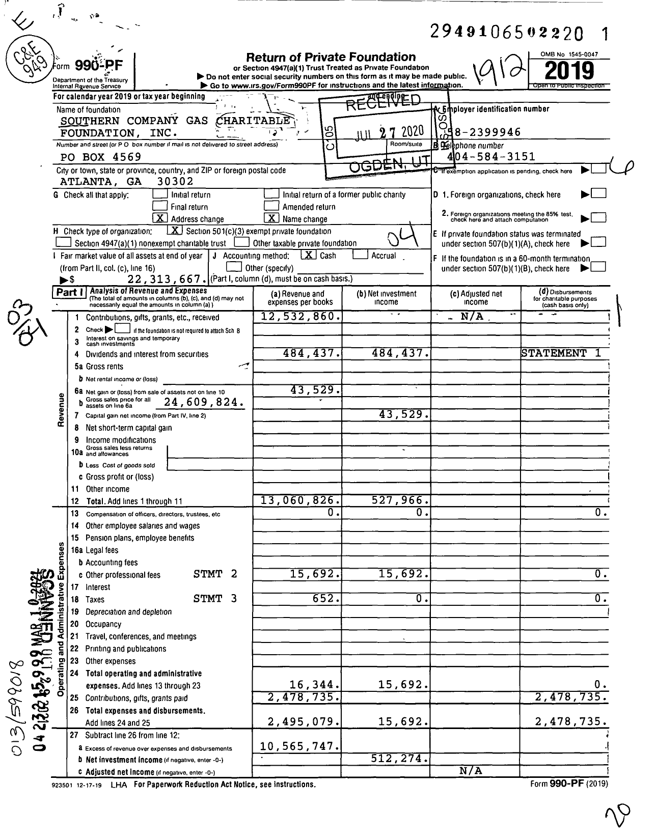 Image of first page of 2019 Form 990PF for Southern Company Gas Charitable Foundation