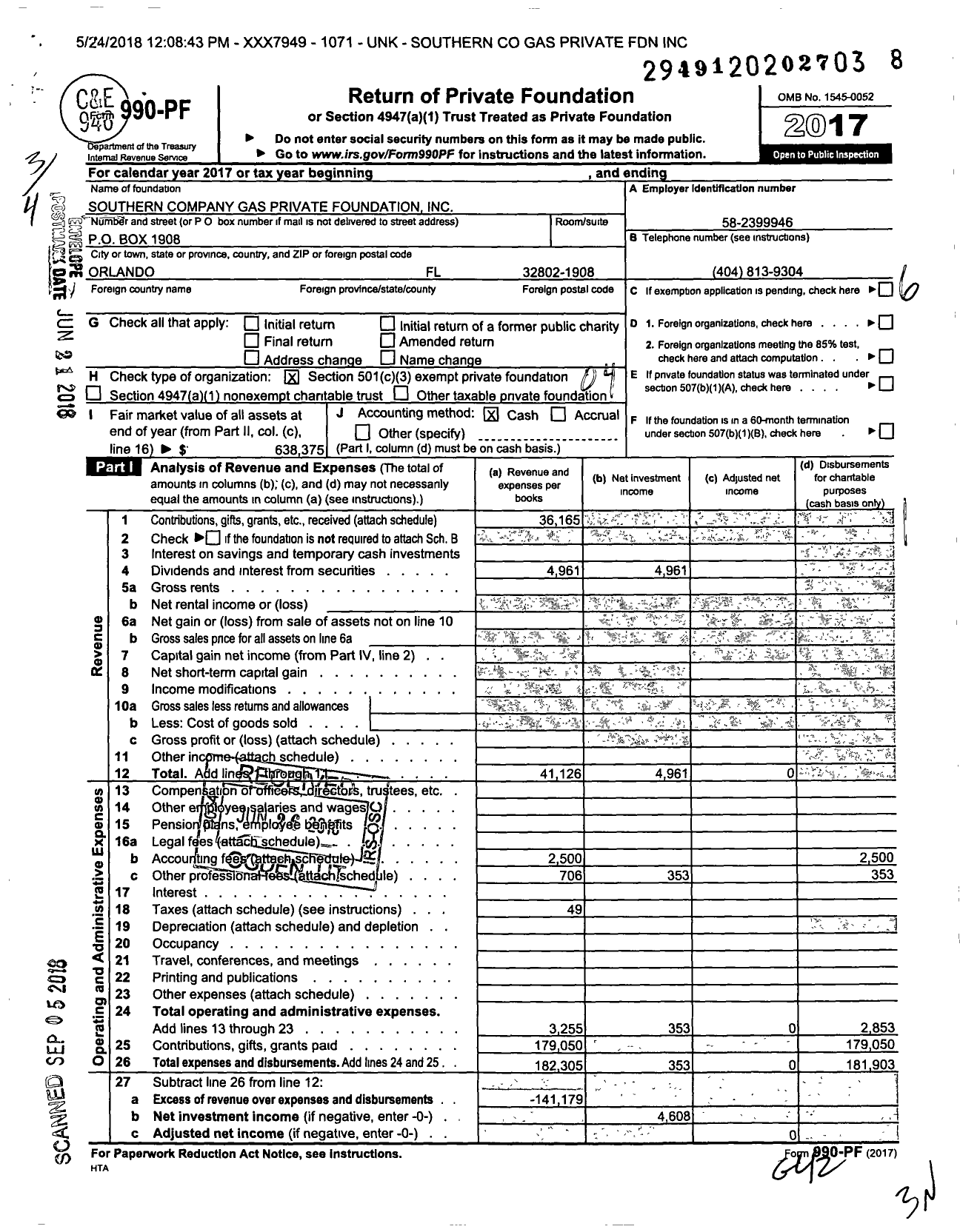 Image of first page of 2017 Form 990PF for Southern Company Gas Charitable Foundation