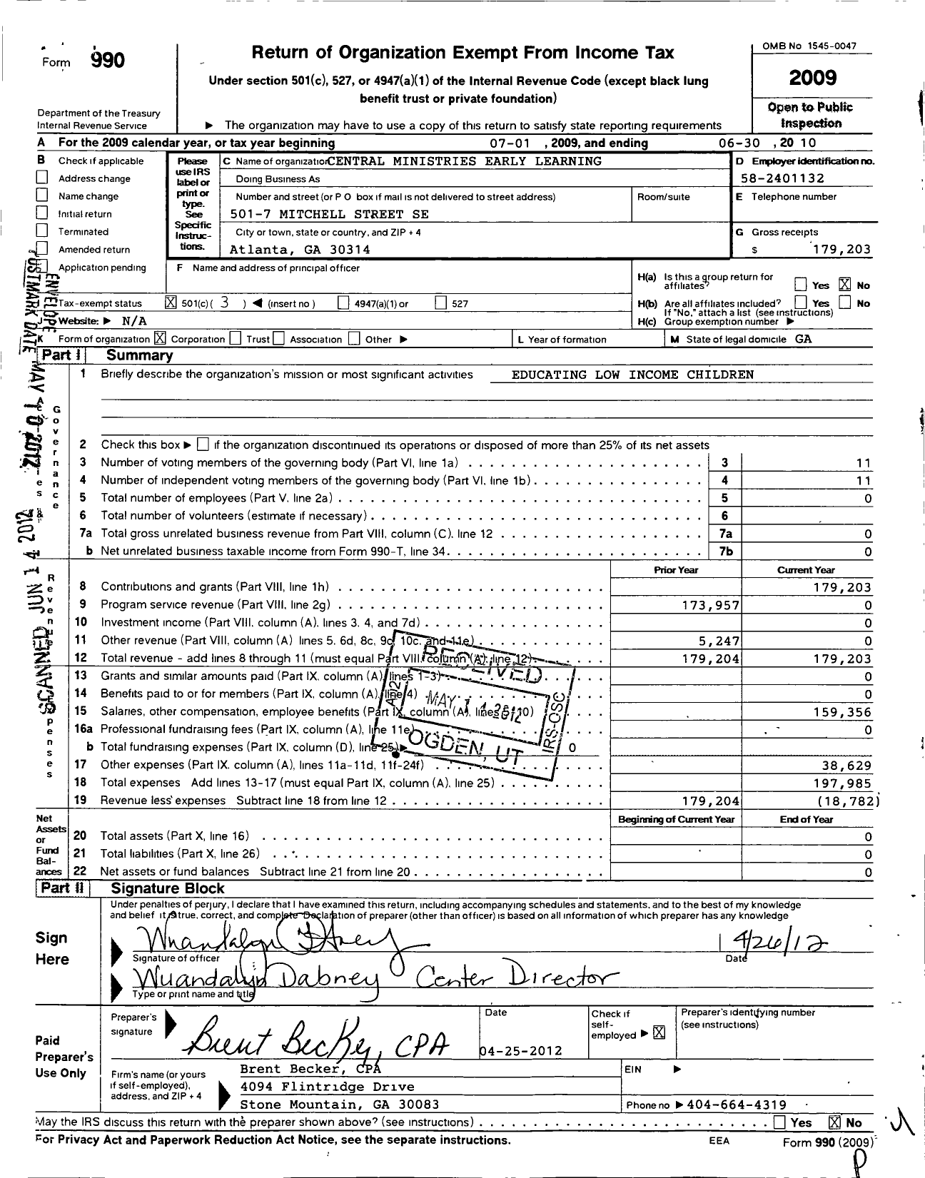 Image of first page of 2009 Form 990 for Central Ministries Early Learning