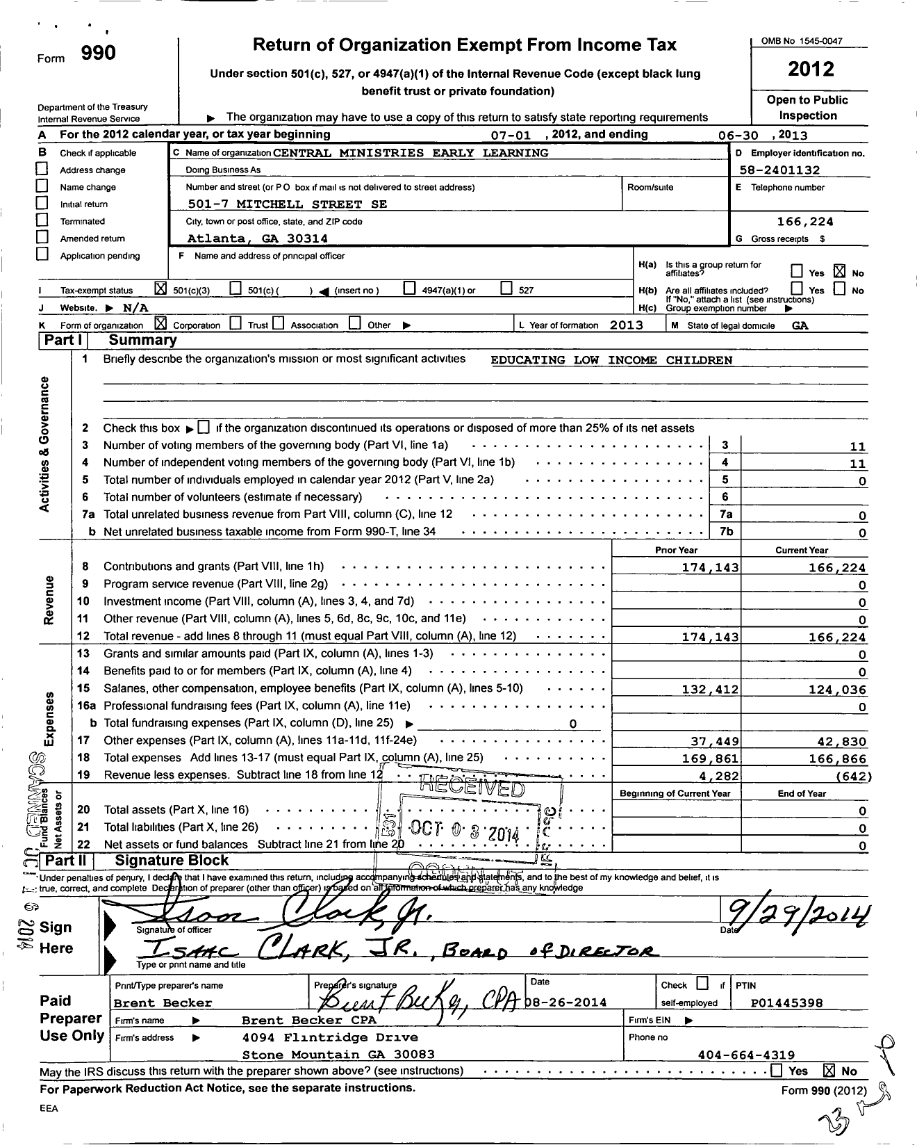 Image of first page of 2012 Form 990 for Central Ministries Early Learning