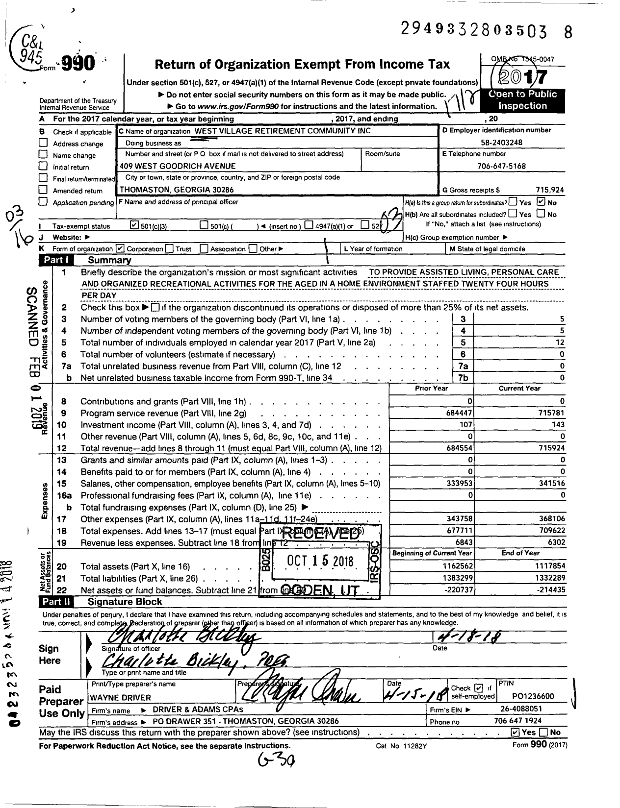Image of first page of 2017 Form 990 for West Village Retirement Community