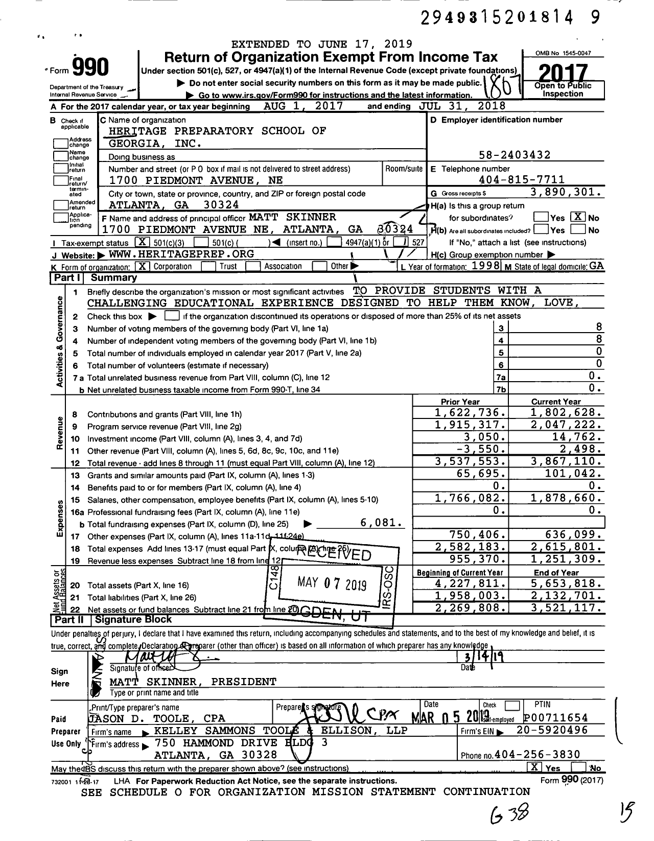 Image of first page of 2017 Form 990 for Heritage Preparatory School of Georgia