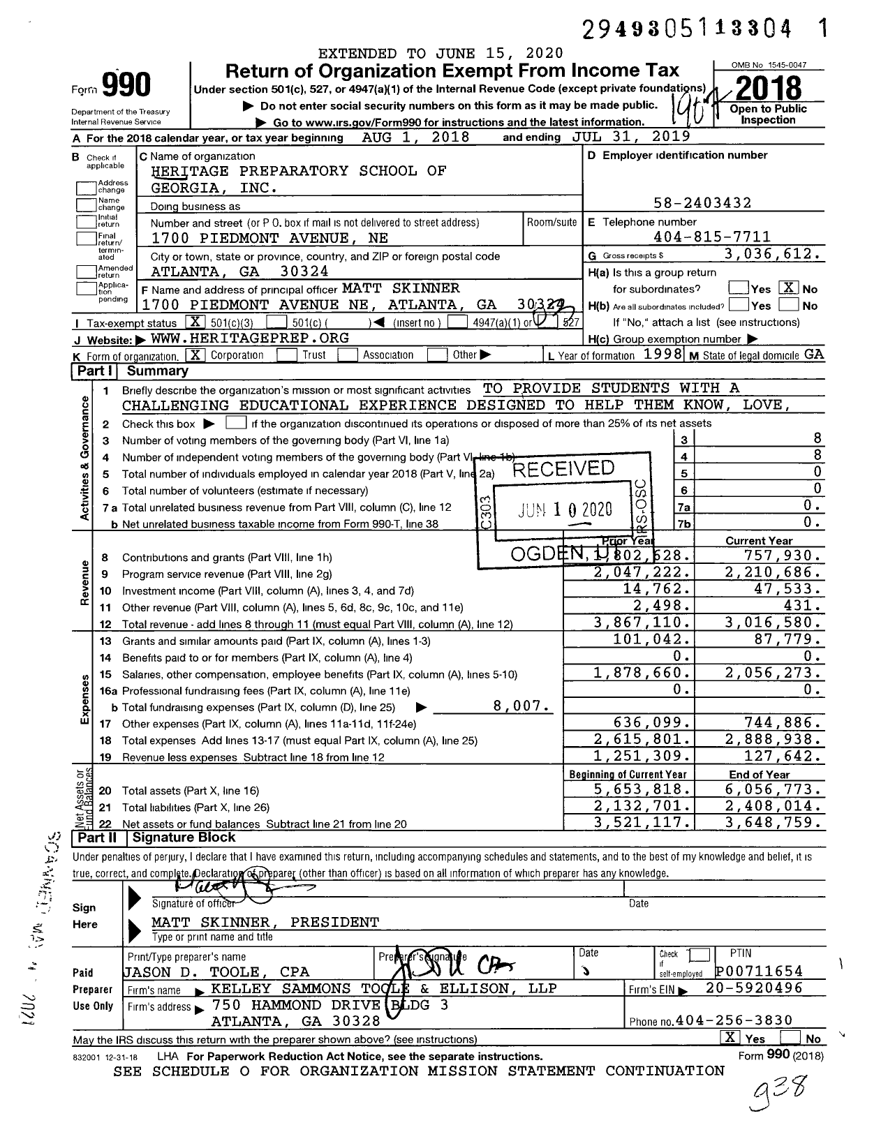 Image of first page of 2018 Form 990 for Heritage Preparatory School of Georgia