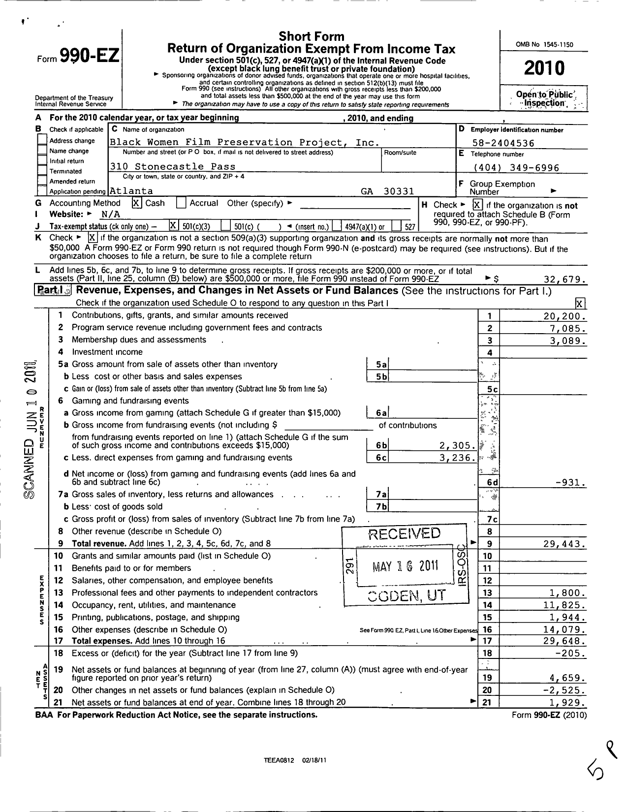 Image of first page of 2010 Form 990EZ for Black Women Film Preservation Project