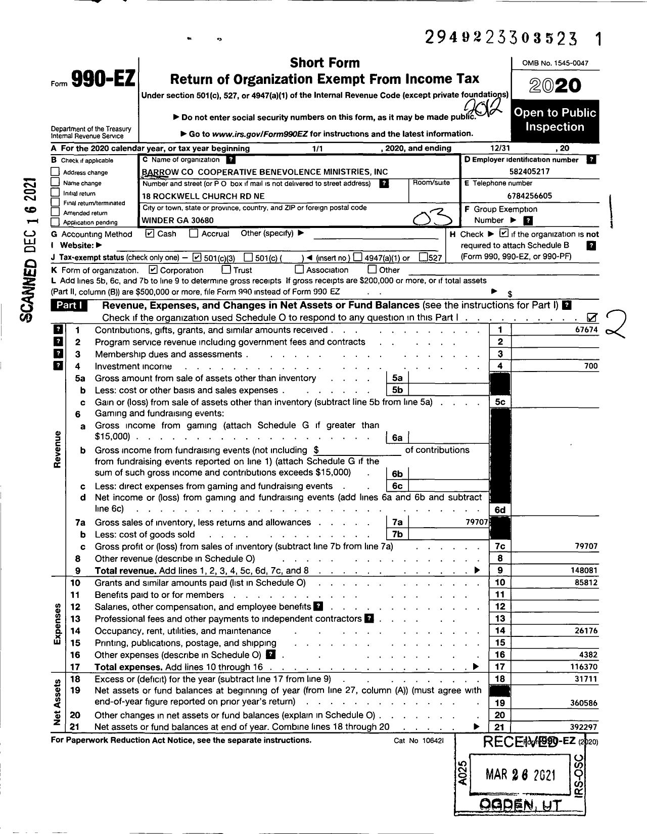 Image of first page of 2020 Form 990EZ for Barrow County Cooperative Benevolence Ministries