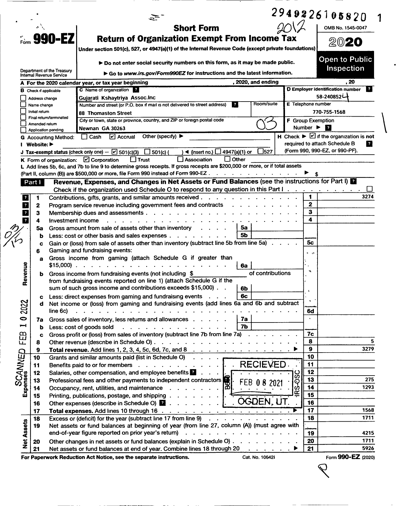 Image of first page of 2020 Form 990EZ for Gujarti Kshatriya Association
