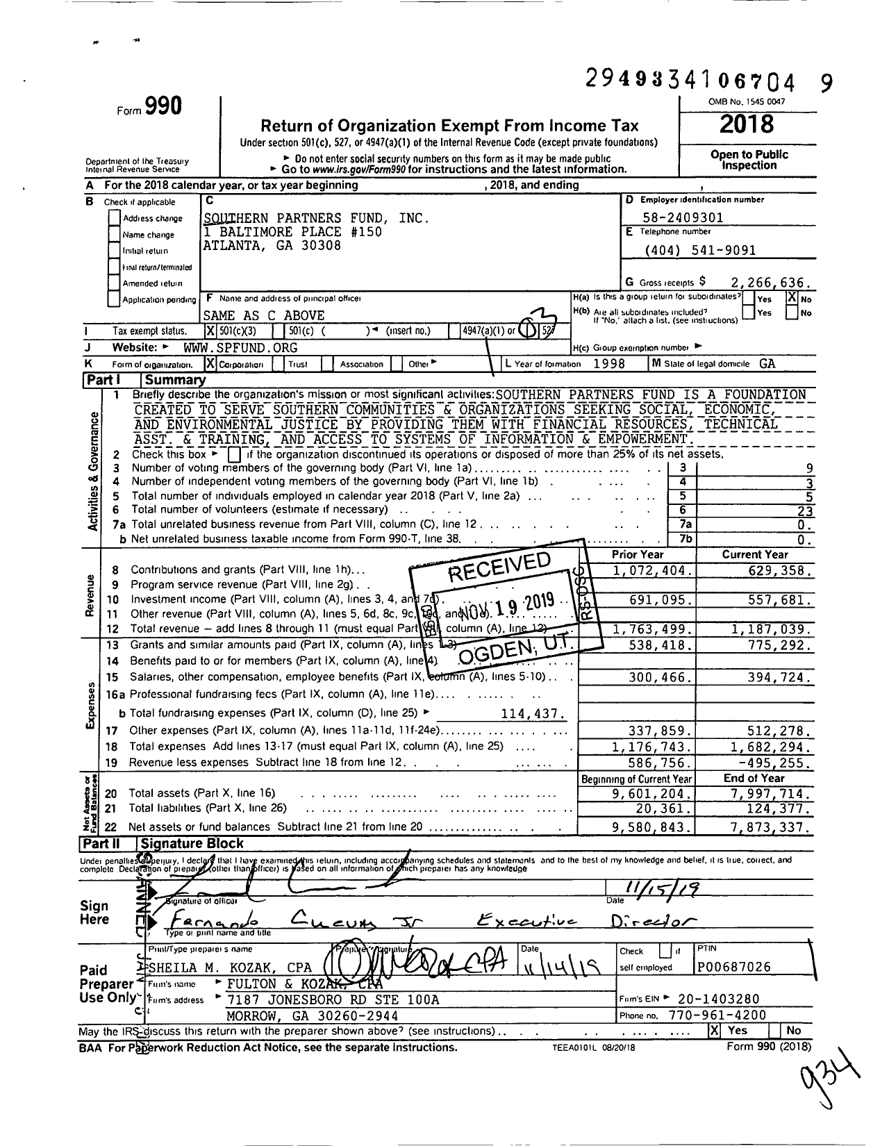 Image of first page of 2018 Form 990 for Southern Partners Fund