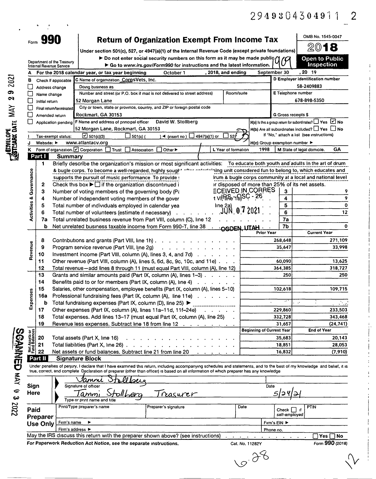 Image of first page of 2018 Form 990 for Corpsvets