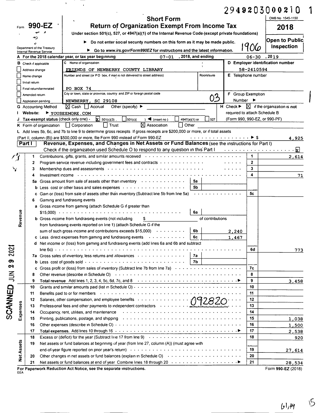 Image of first page of 2018 Form 990EZ for Friends of Newberry County Library