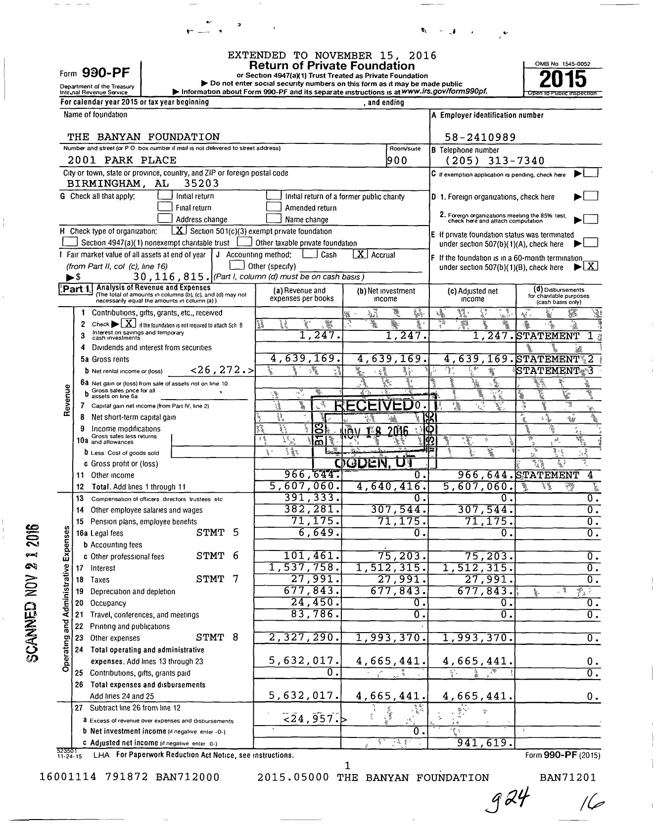 Image of first page of 2015 Form 990PF for The Banyan Foundation