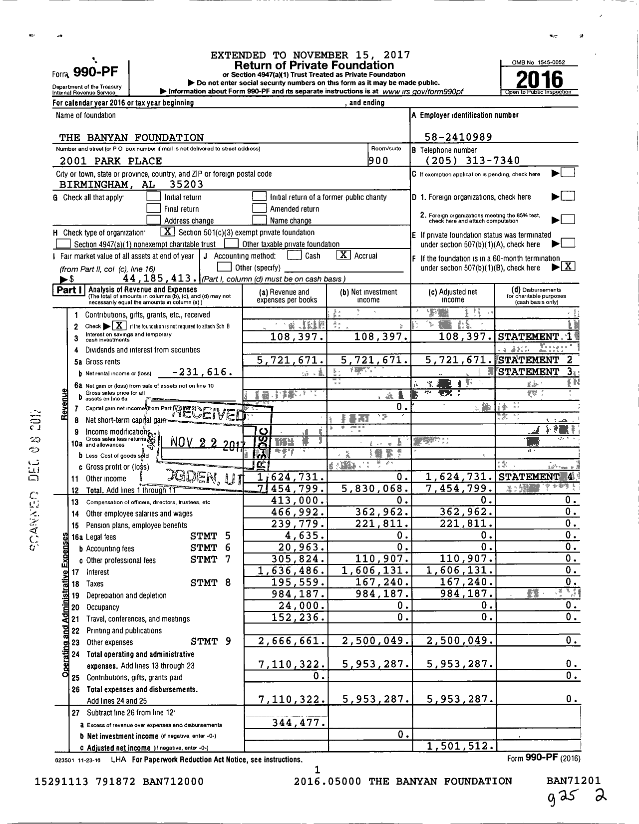 Image of first page of 2016 Form 990PF for The Banyan Foundation