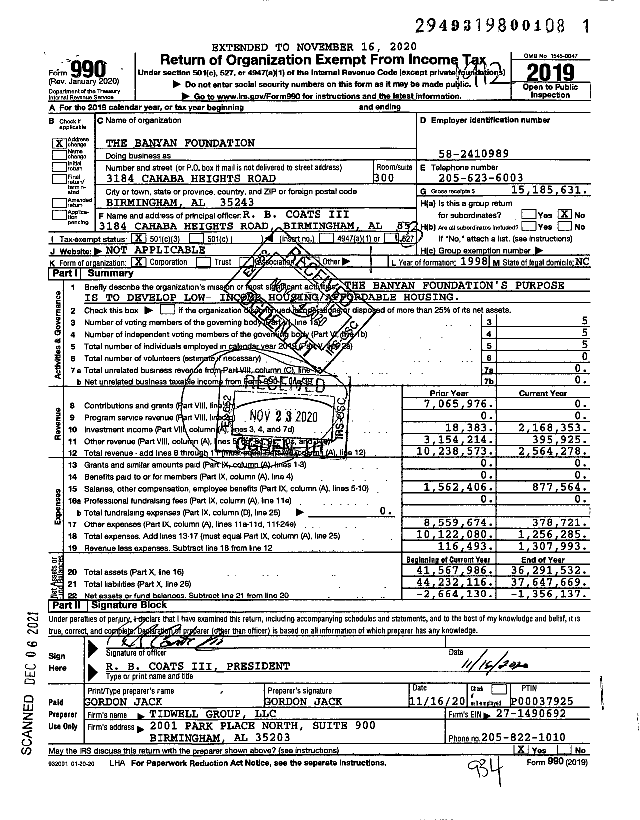 Image of first page of 2019 Form 990 for The Banyan Foundation