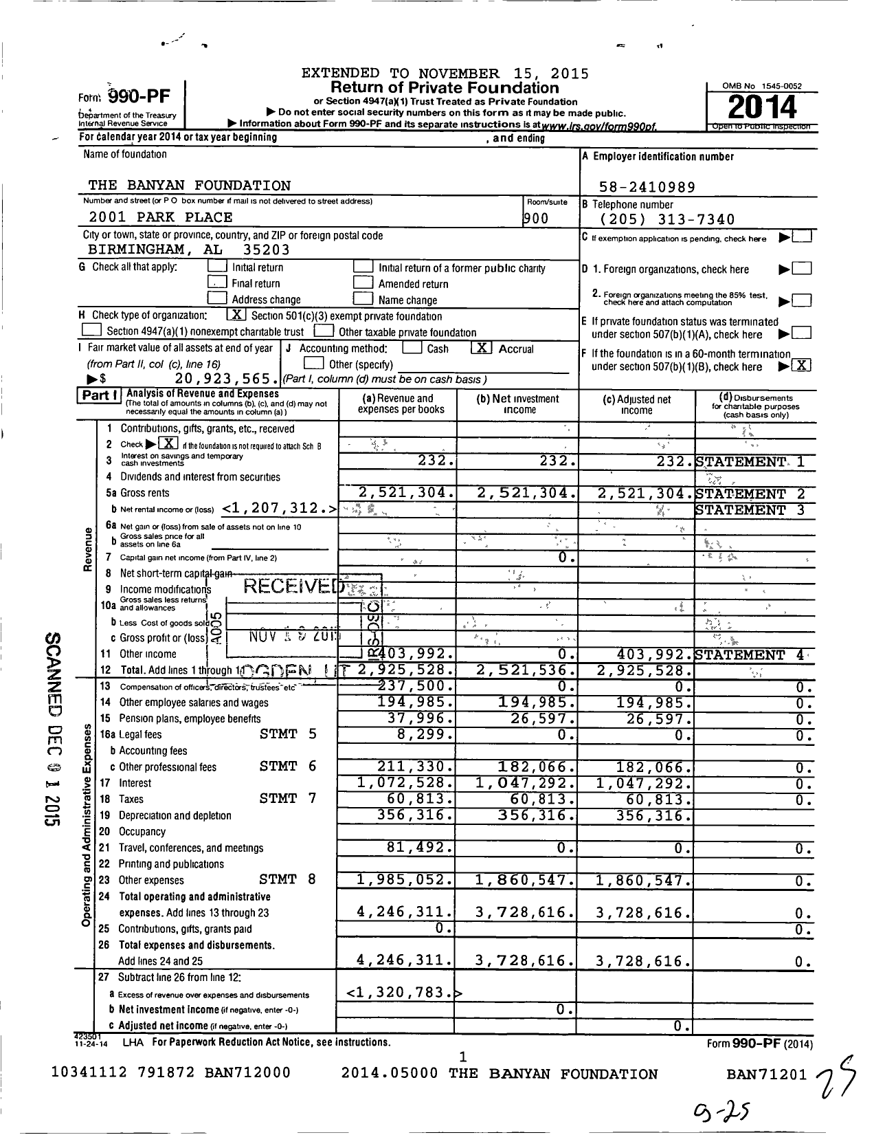 Image of first page of 2014 Form 990PF for The Banyan Foundation