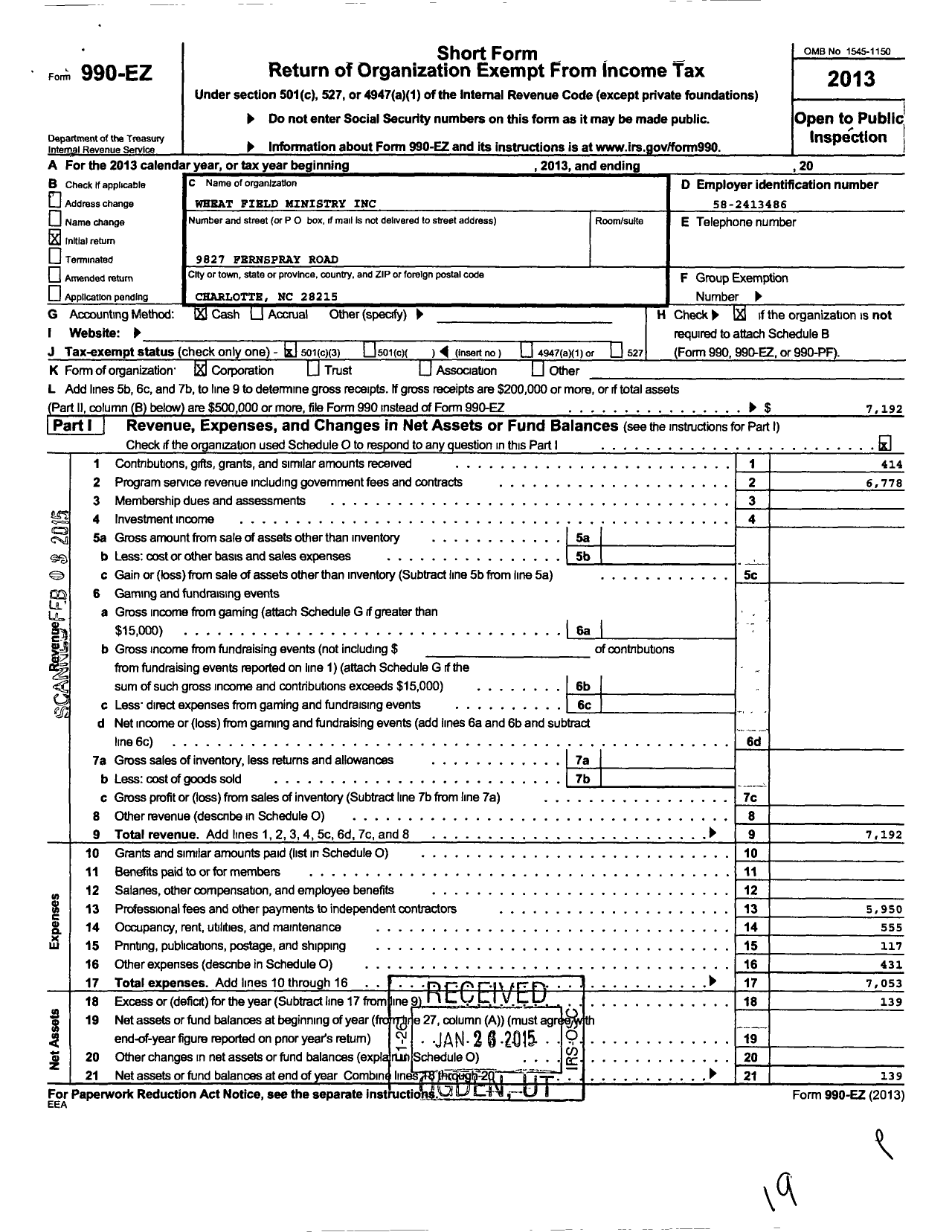 Image of first page of 2013 Form 990EZ for Wheat Field Ministry