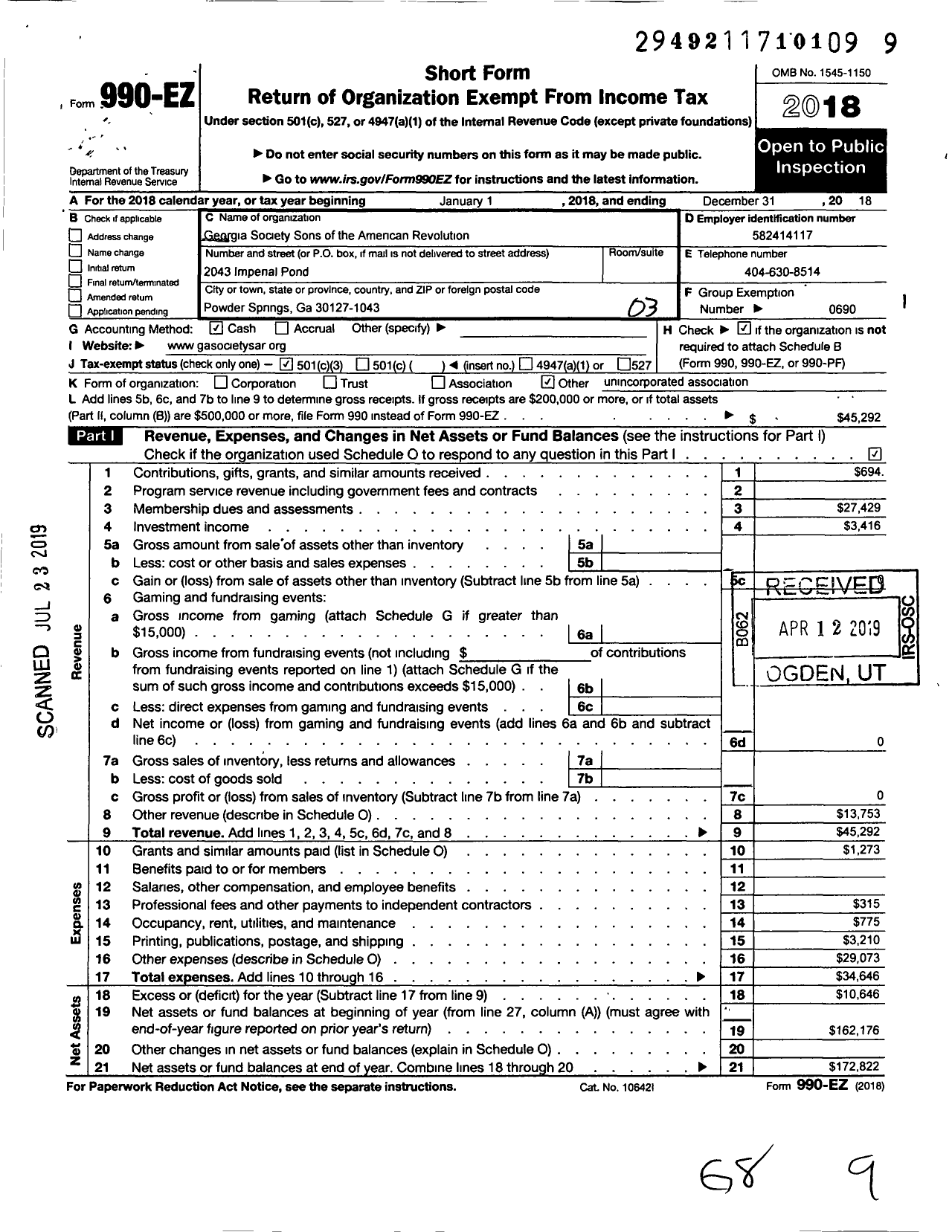 Image of first page of 2018 Form 990EZ for Georgia Society Sons of the American Revolution