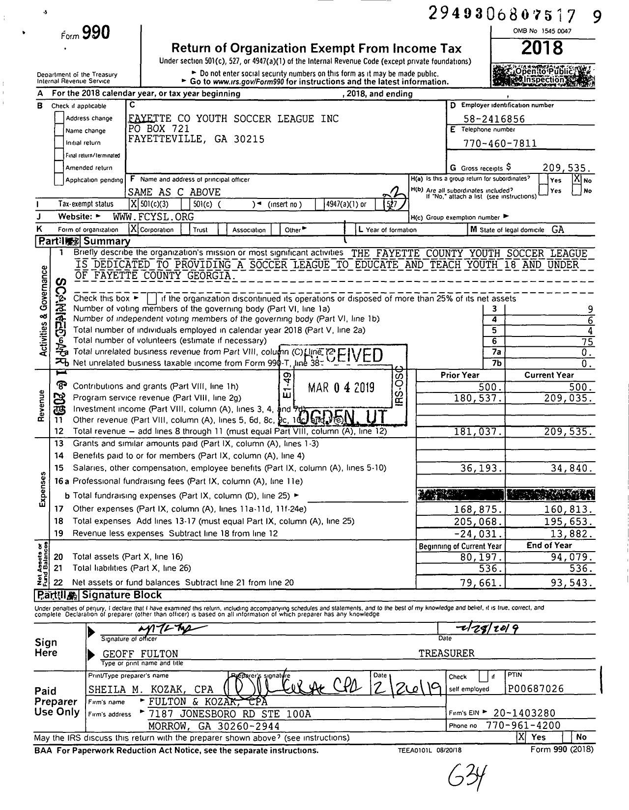 Image of first page of 2018 Form 990 for Fayette Youth Soccer League