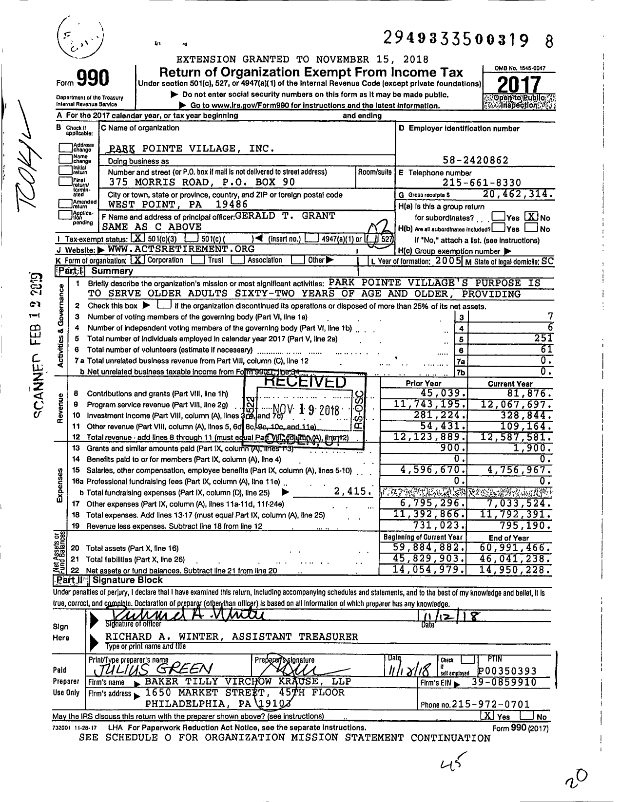 Image of first page of 2017 Form 990 for Park Pointe Village