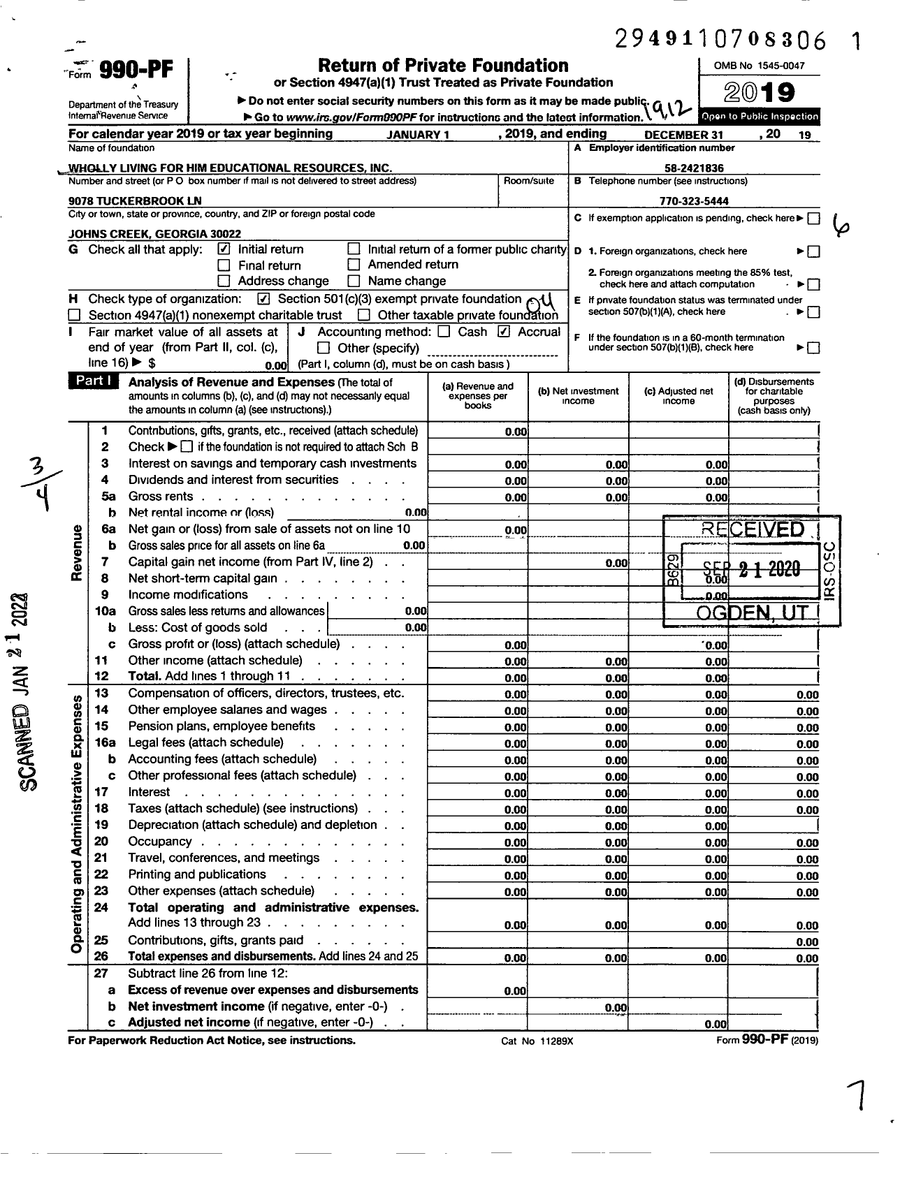 Image of first page of 2019 Form 990PF for Wholly Living for Him Educational Resources