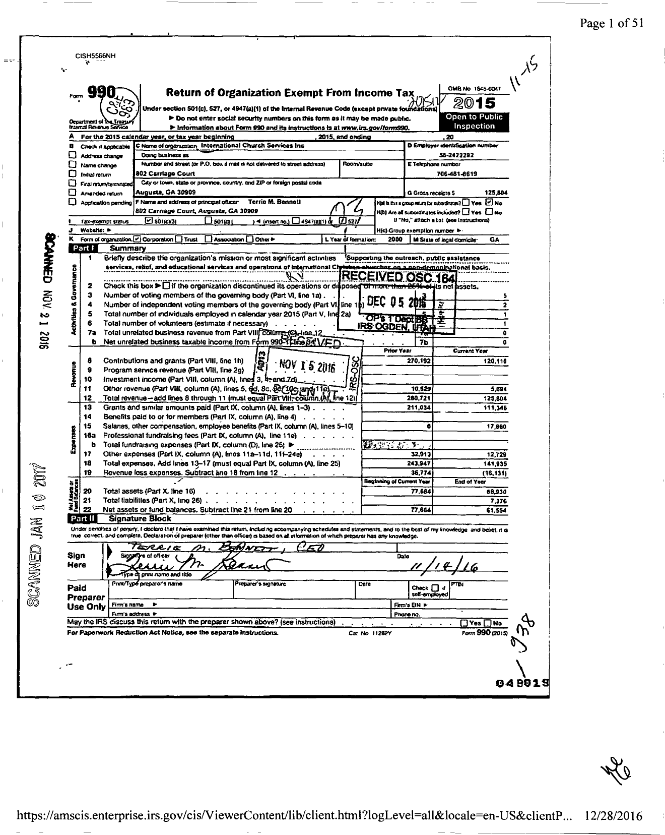 Image of first page of 2015 Form 990 for International Church Services in