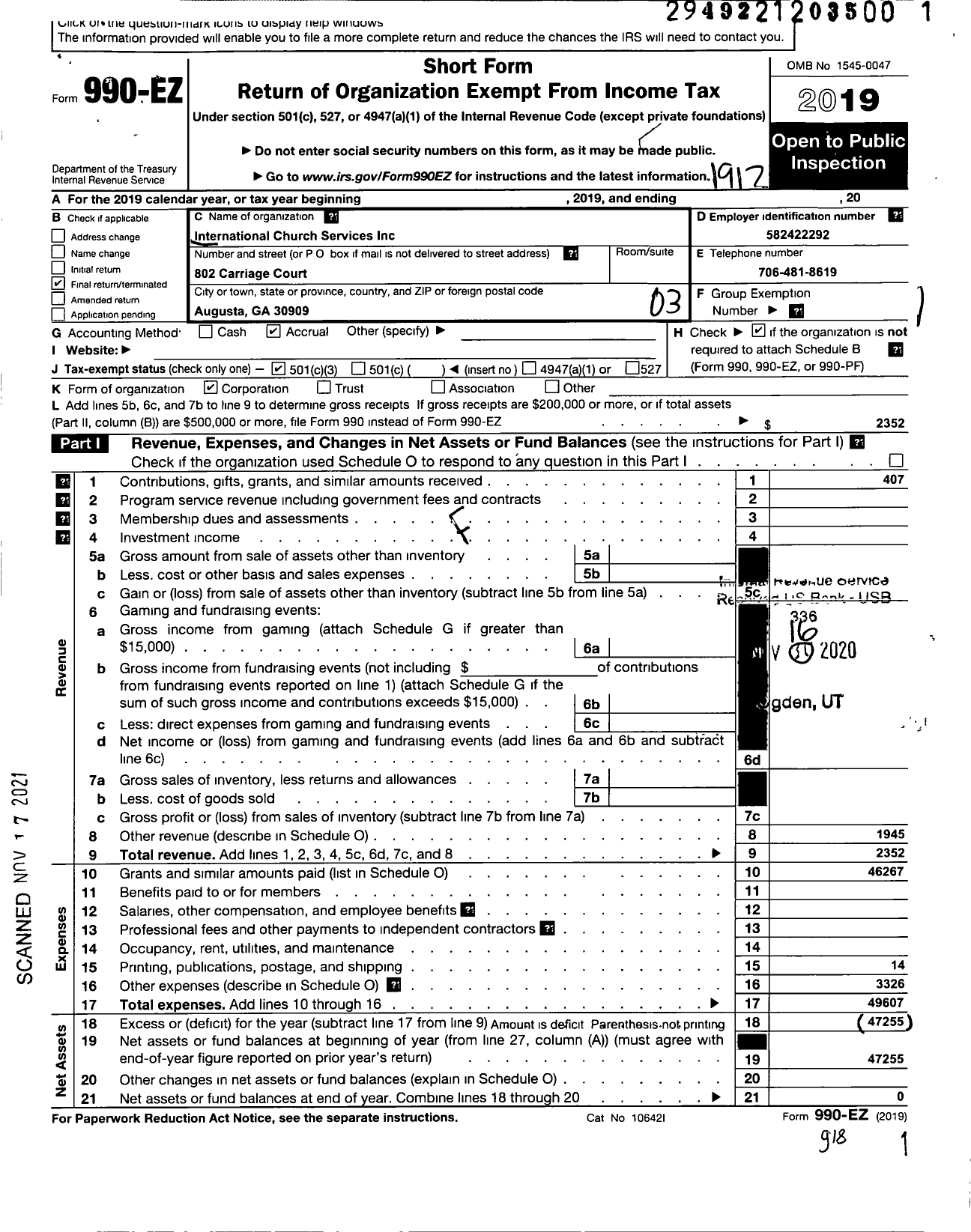 Image of first page of 2019 Form 990EZ for International Church Services in