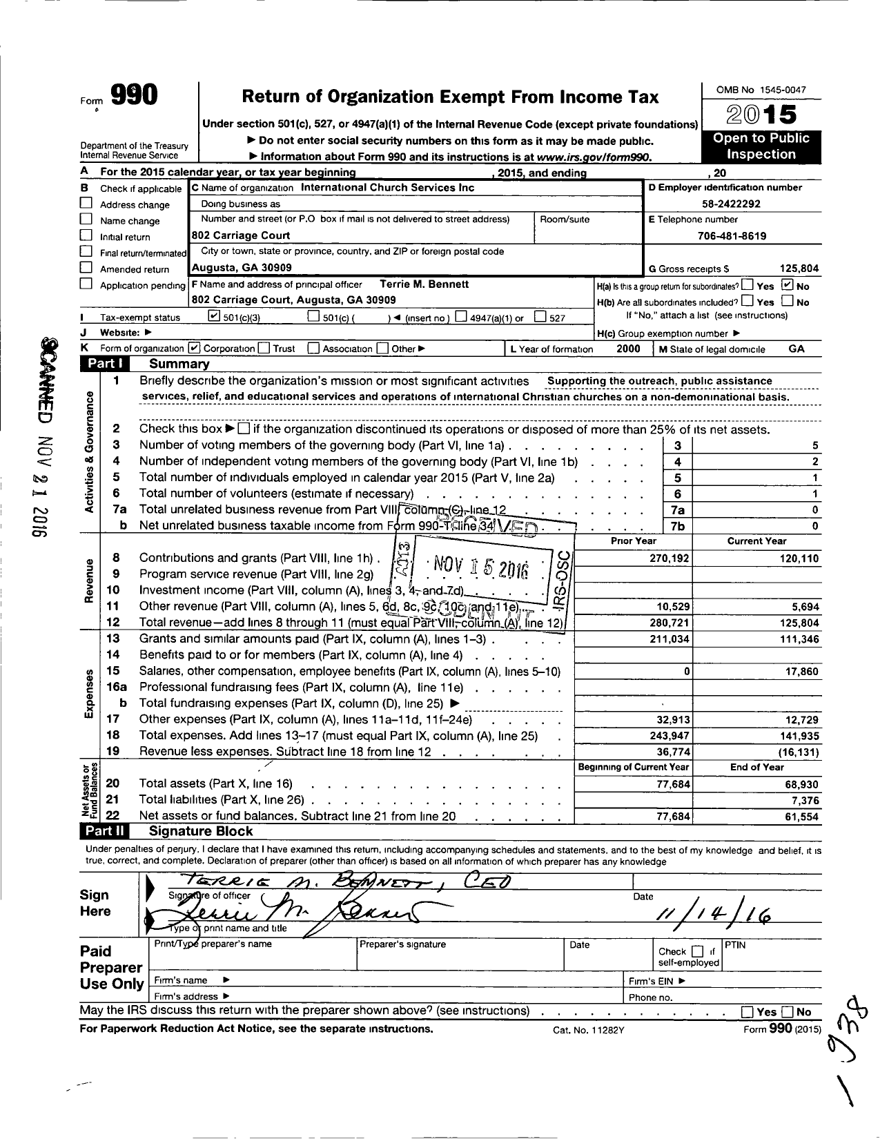 Image of first page of 2015 Form 990 for International Church Services in