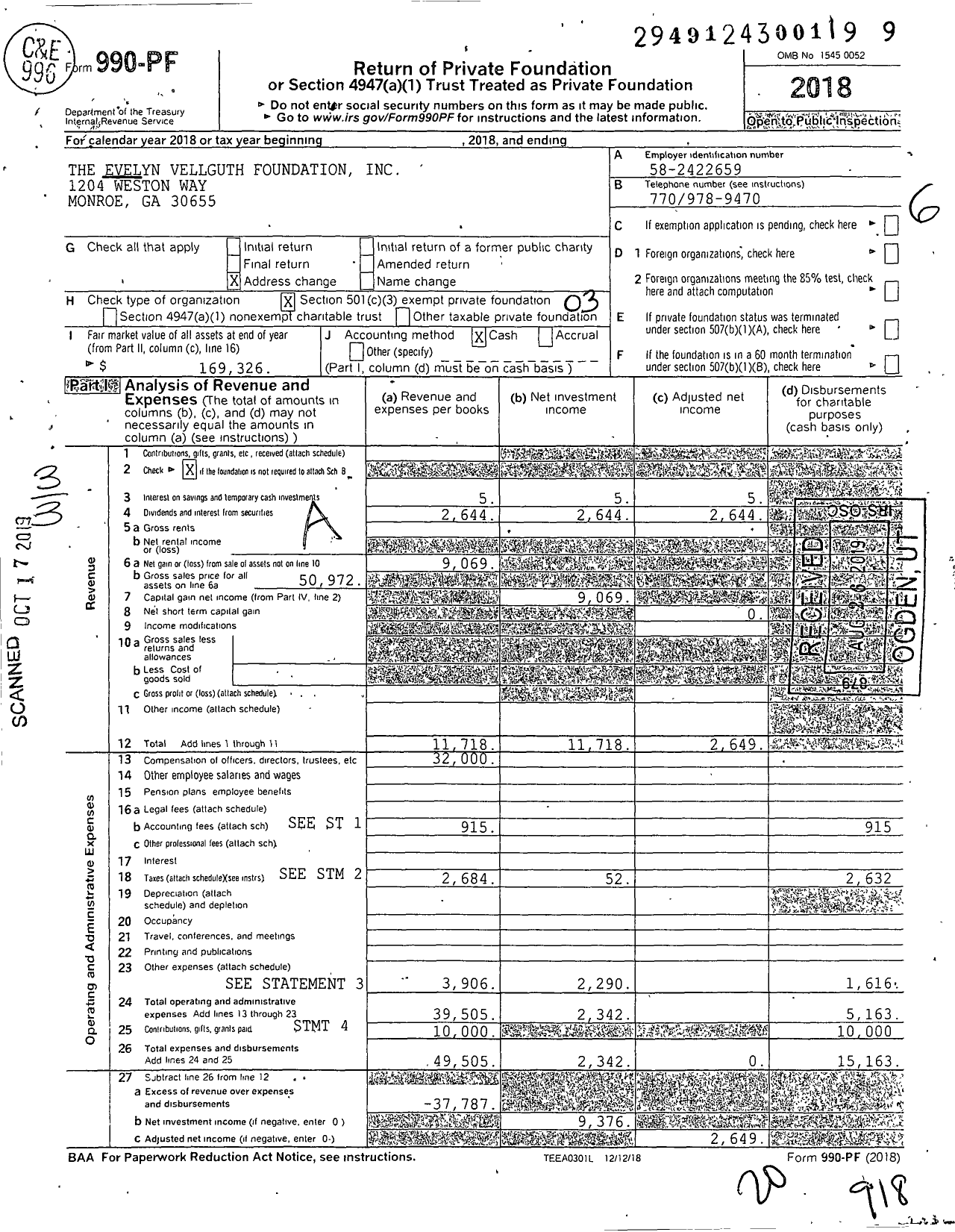 Image of first page of 2018 Form 990PF for The Evelyn Vellguth Foundation