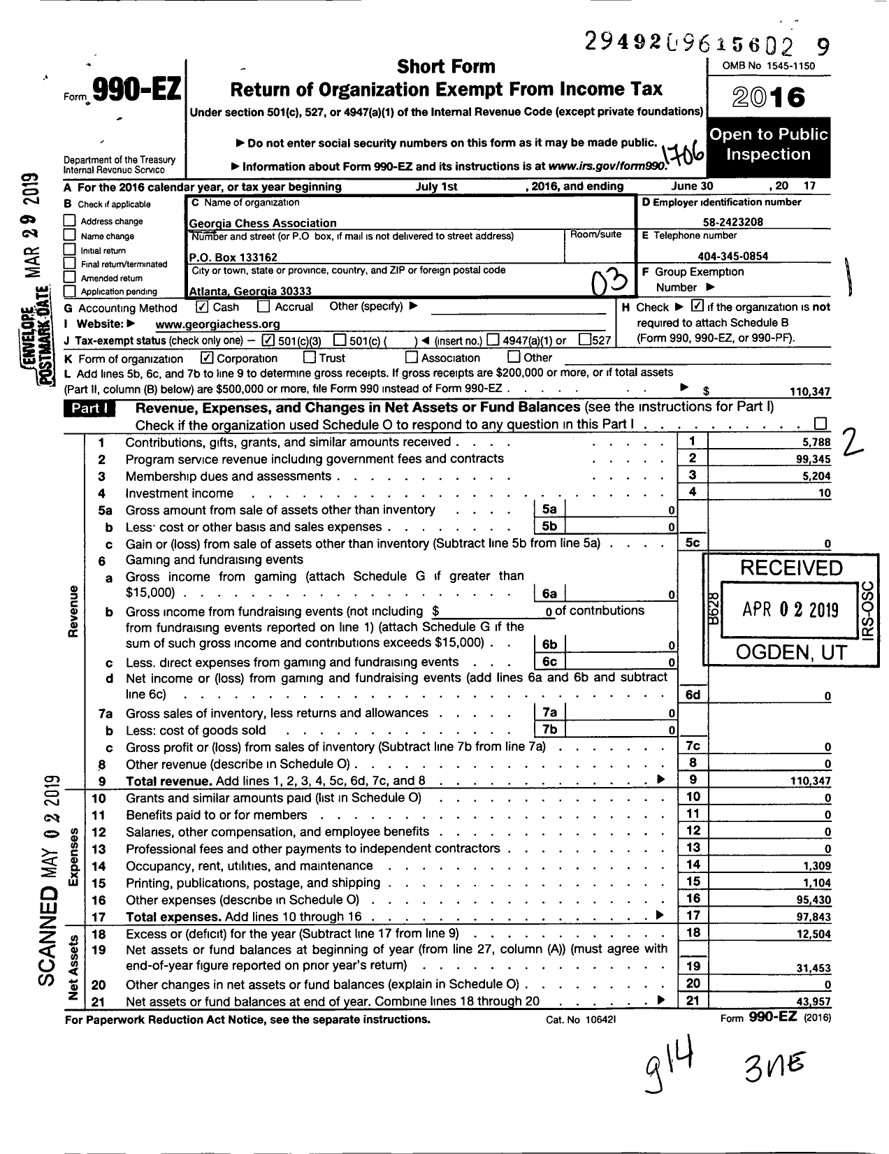 Image of first page of 2016 Form 990EZ for Georgia Chess Association