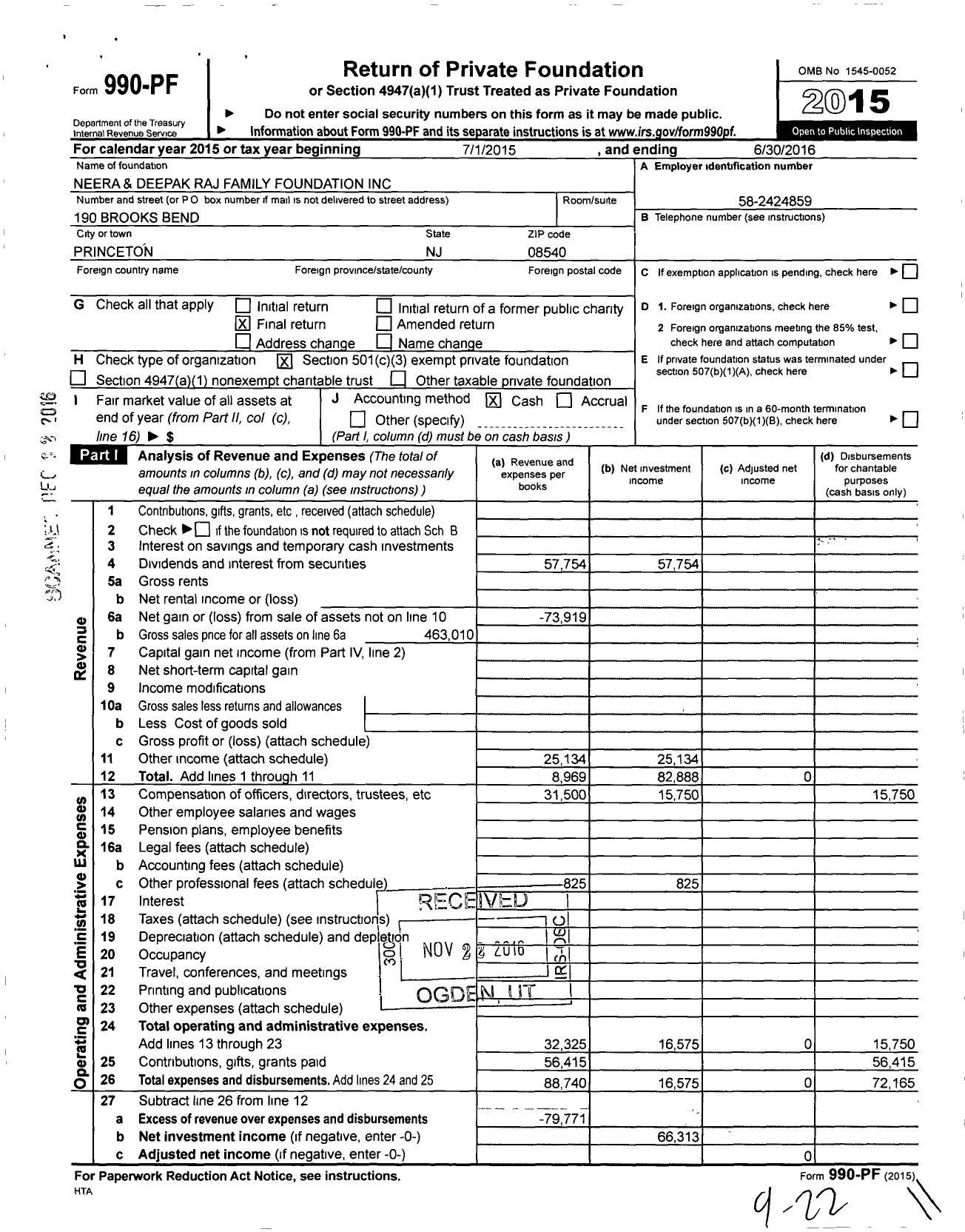 Image of first page of 2015 Form 990PF for Neera and Deepak Raj Family Foundation