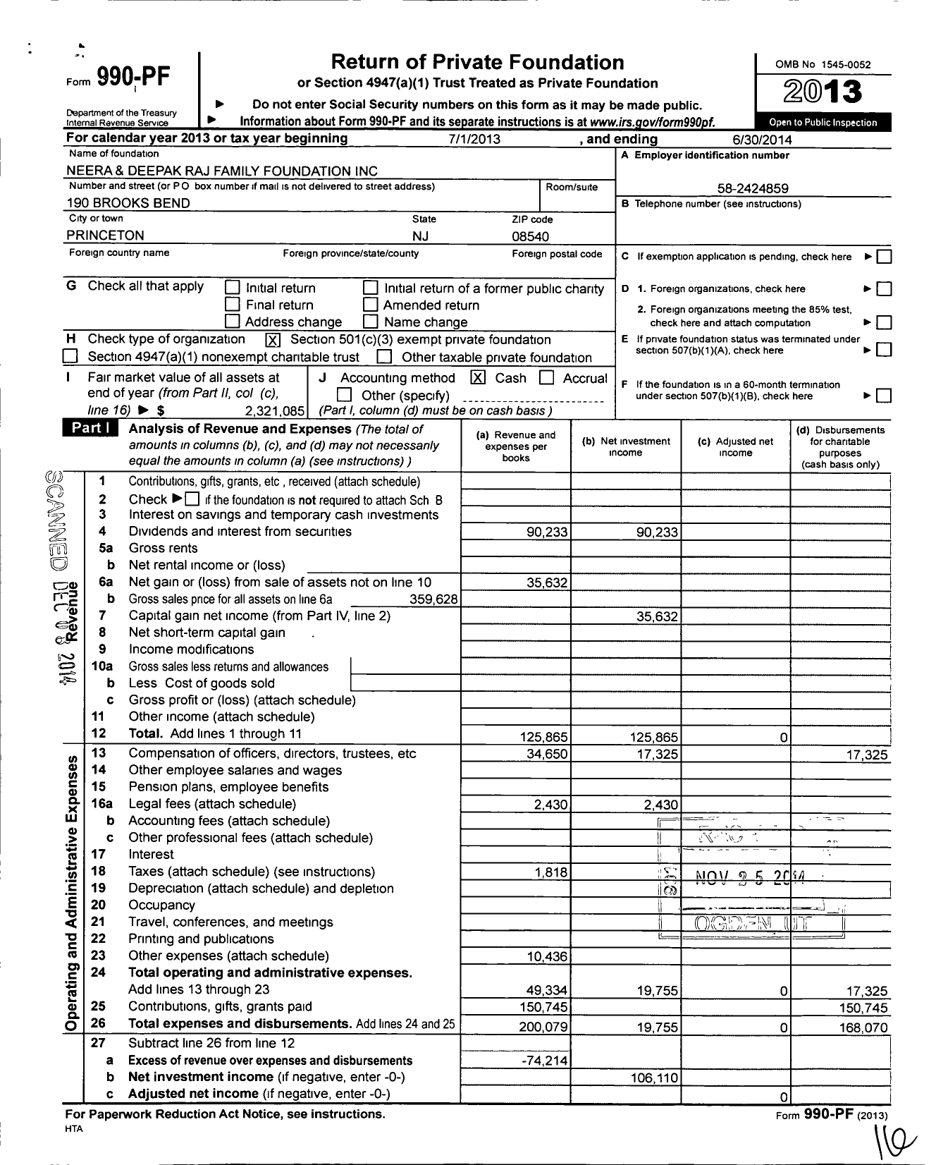 Image of first page of 2013 Form 990PF for Neera and Deepak Raj Family Foundation