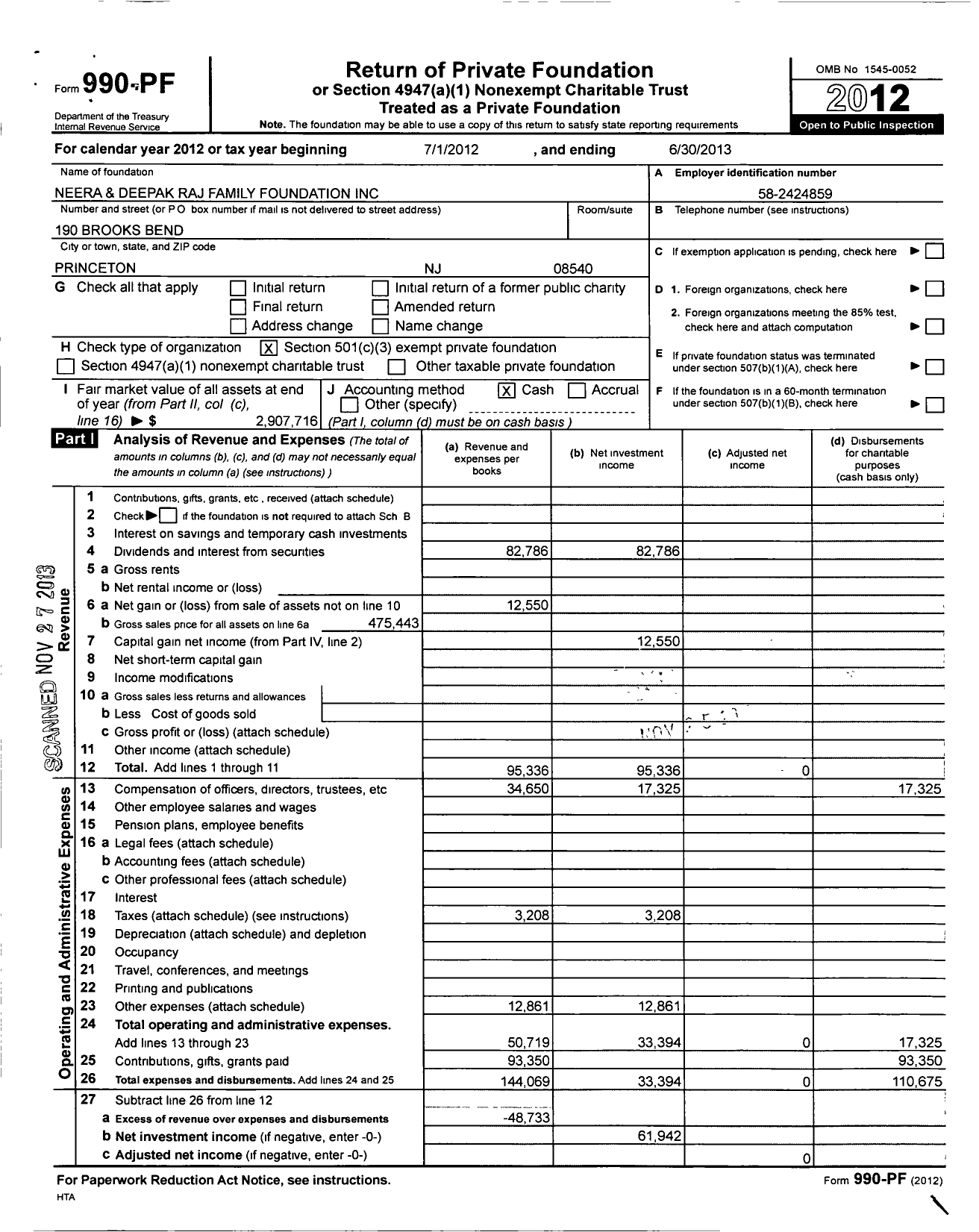 Image of first page of 2012 Form 990PF for Neera and Deepak Raj Family Foundation