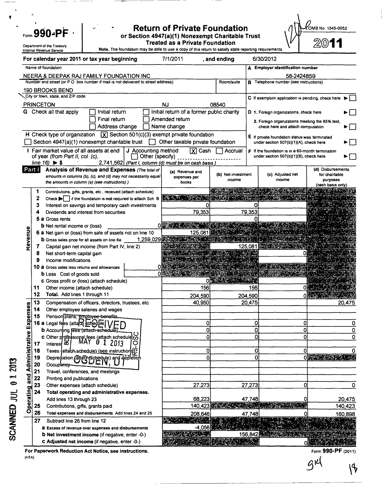 Image of first page of 2011 Form 990PF for Neera and Deepak Raj Family Foundation