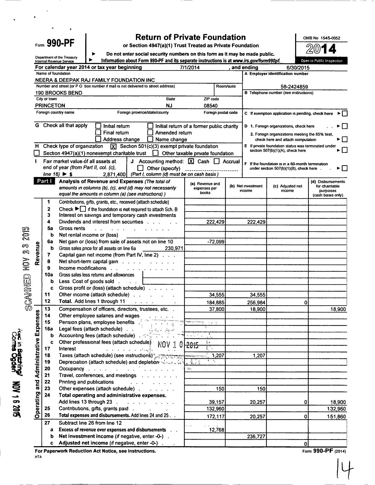 Image of first page of 2014 Form 990PF for Neera and Deepak Raj Family Foundation