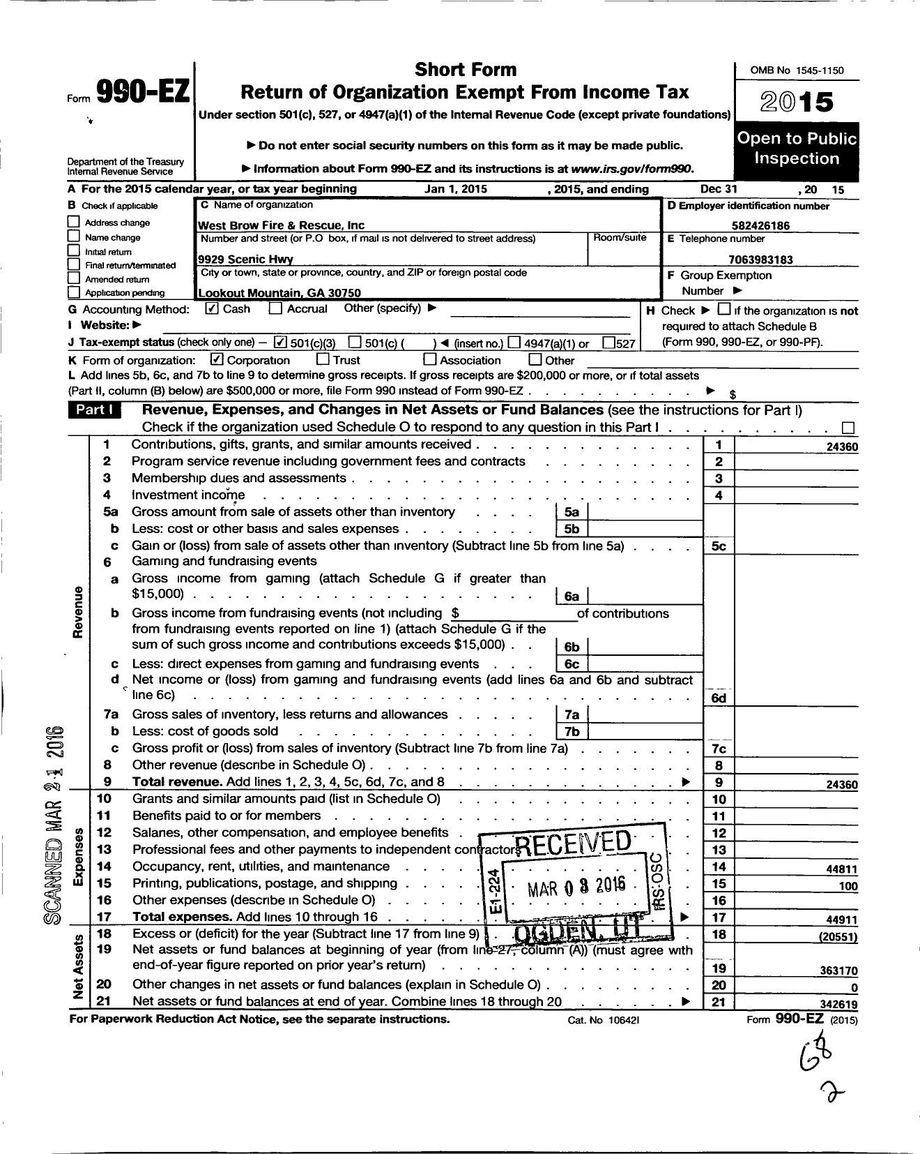 Image of first page of 2015 Form 990EZ for West Brow Fire and Rescue