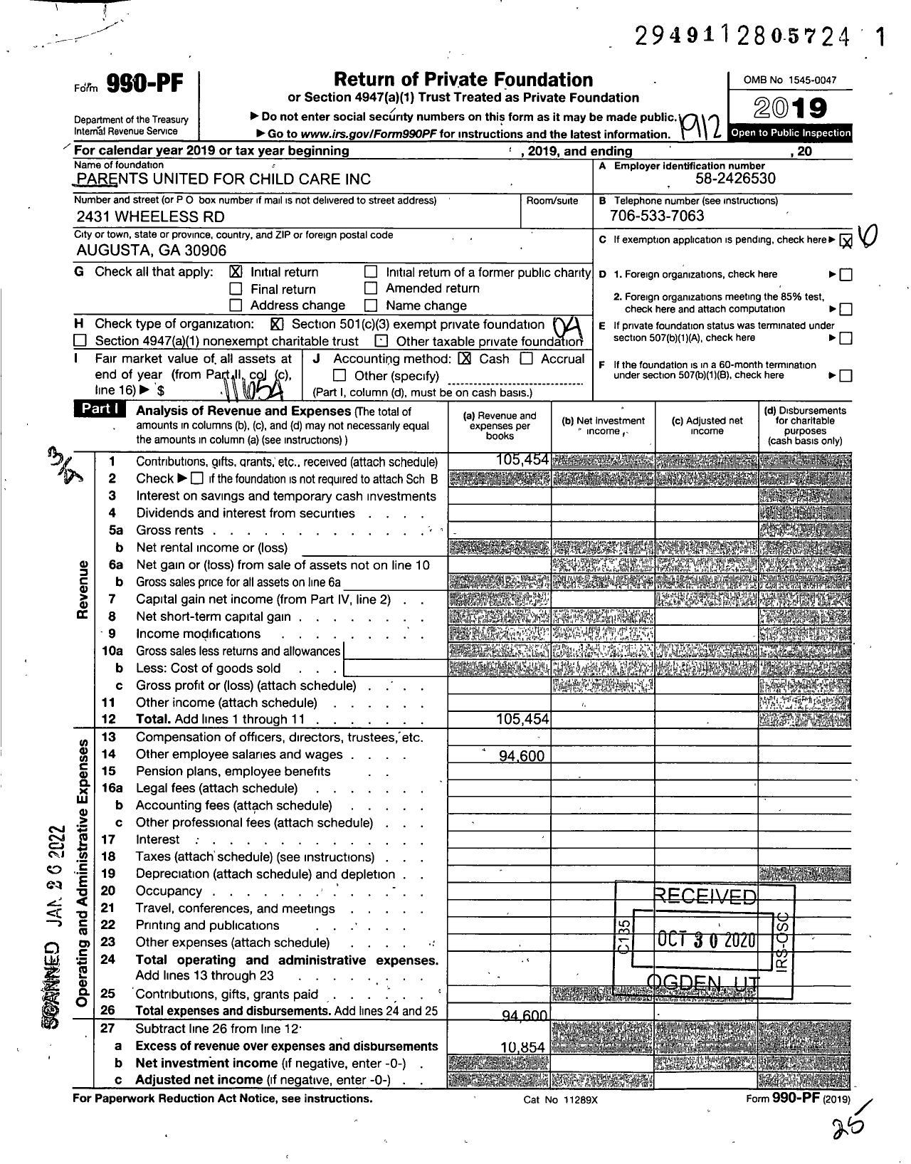 Image of first page of 2019 Form 990PF for Parents United for Child Care