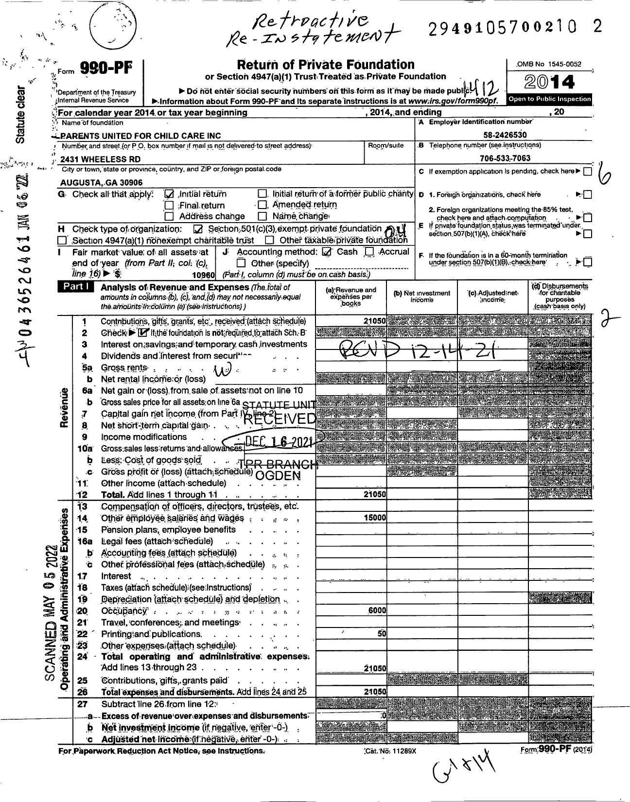 Image of first page of 2014 Form 990PF for Parents United for Child Care