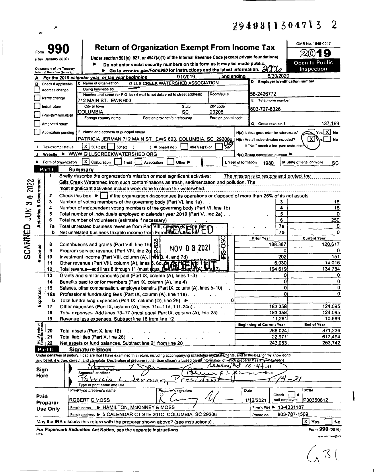 Image of first page of 2019 Form 990 for Gills Creek Watershed Association