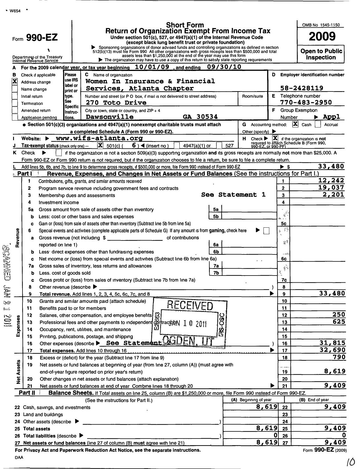 Image of first page of 2009 Form 990EO for Women in Insurance and Financial Services / Wifs Atlanta