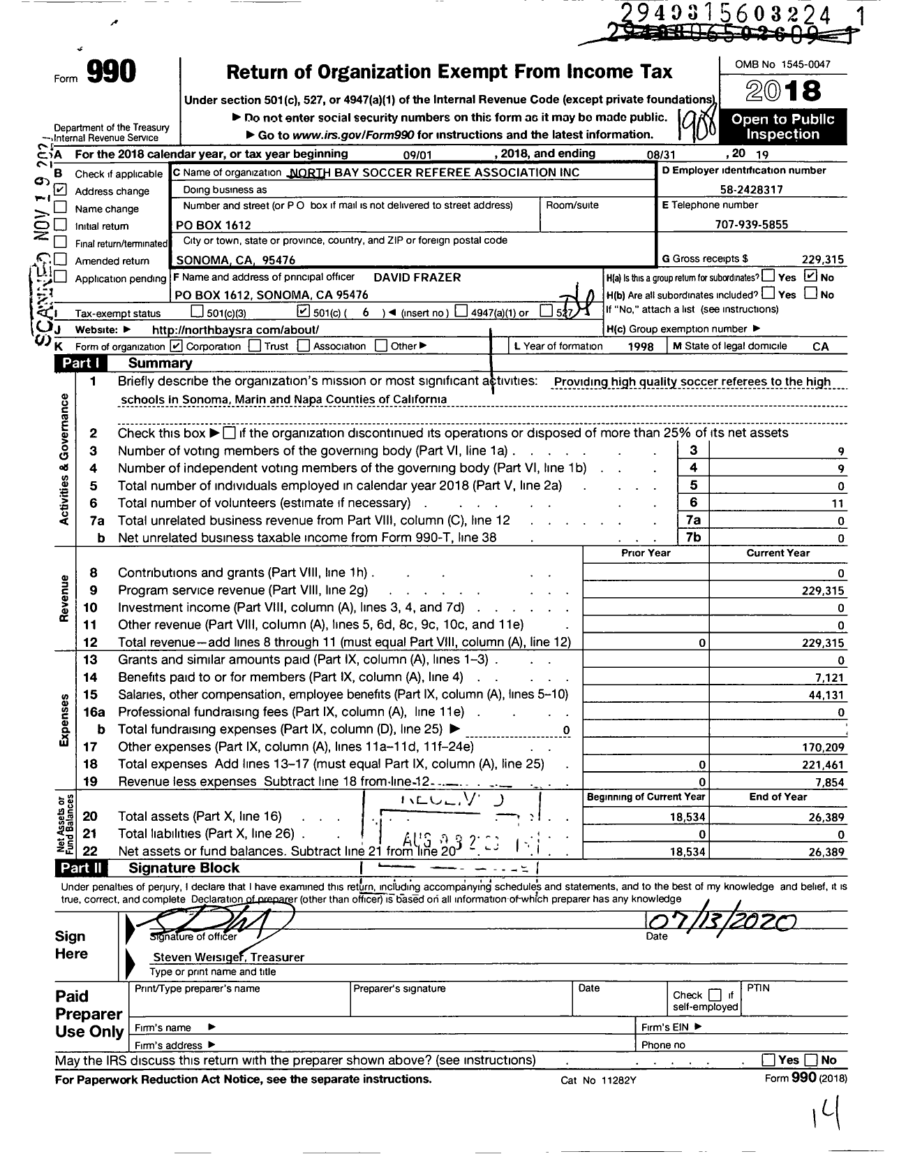 Image of first page of 2018 Form 990O for North Bay Soccer Referee Association