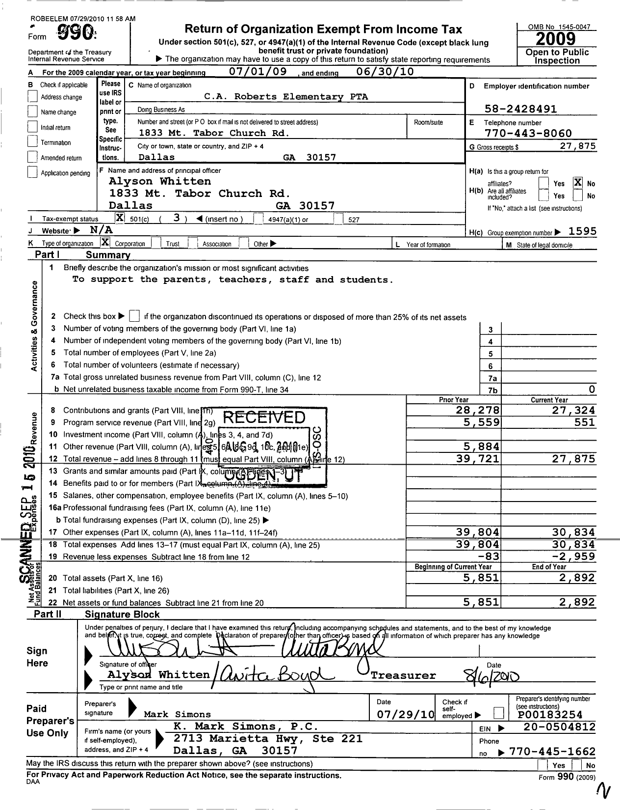 Image of first page of 2009 Form 990 for Georgia PTA - C A Roberts Es PTA