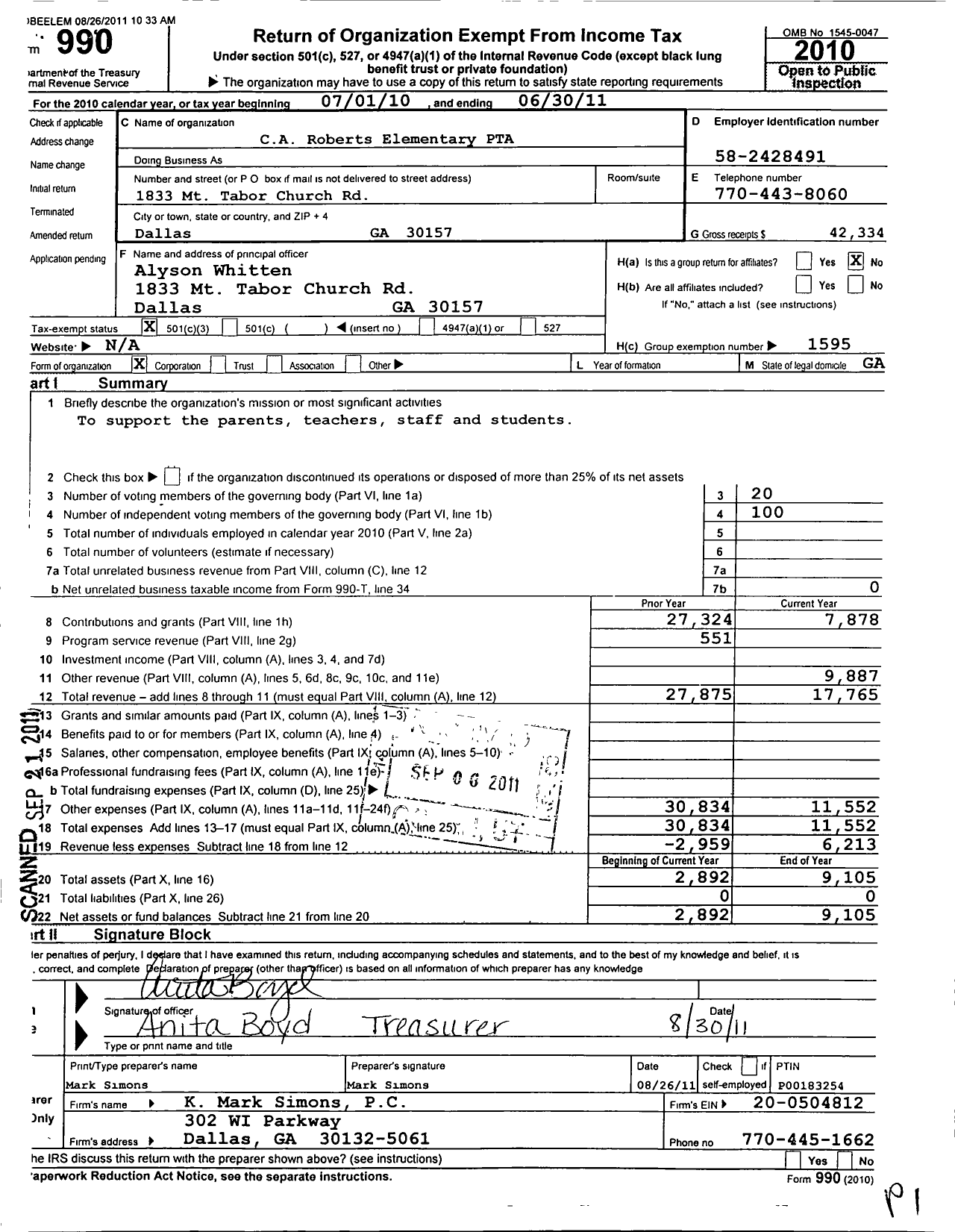 Image of first page of 2010 Form 990 for Georgia PTA - C A Roberts Es PTA