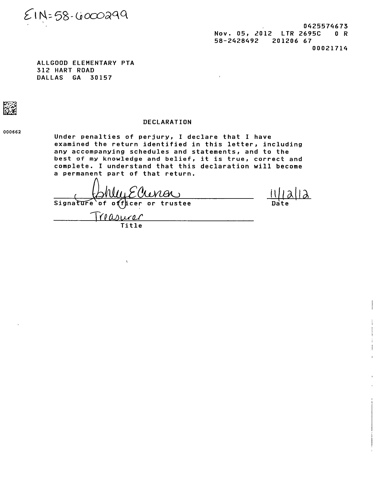 Image of first page of 2011 Form 990ER for Georgia PTA - Allgood Es PTA